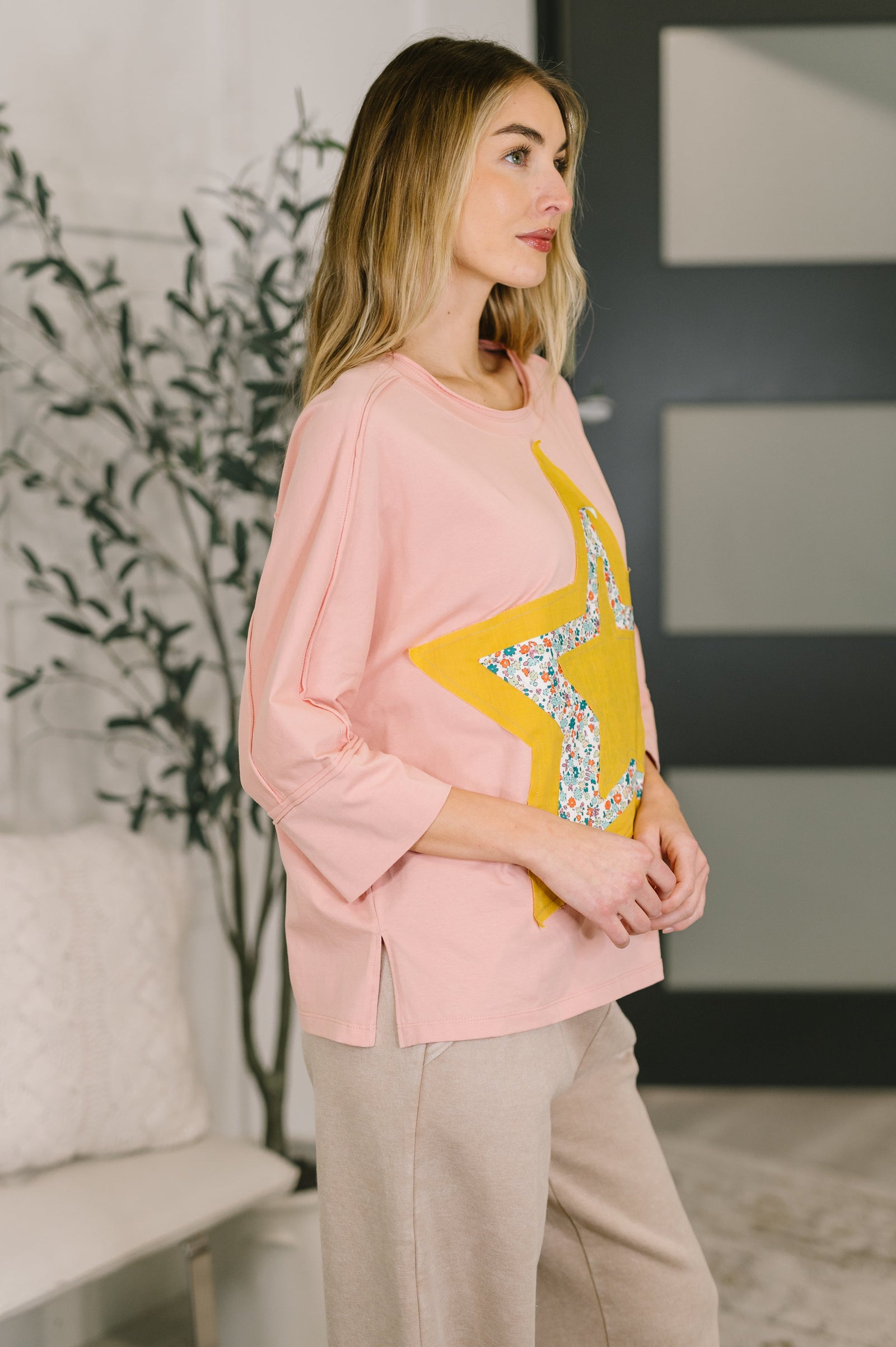 Catch a Star Mixed Print Star Patch Top
