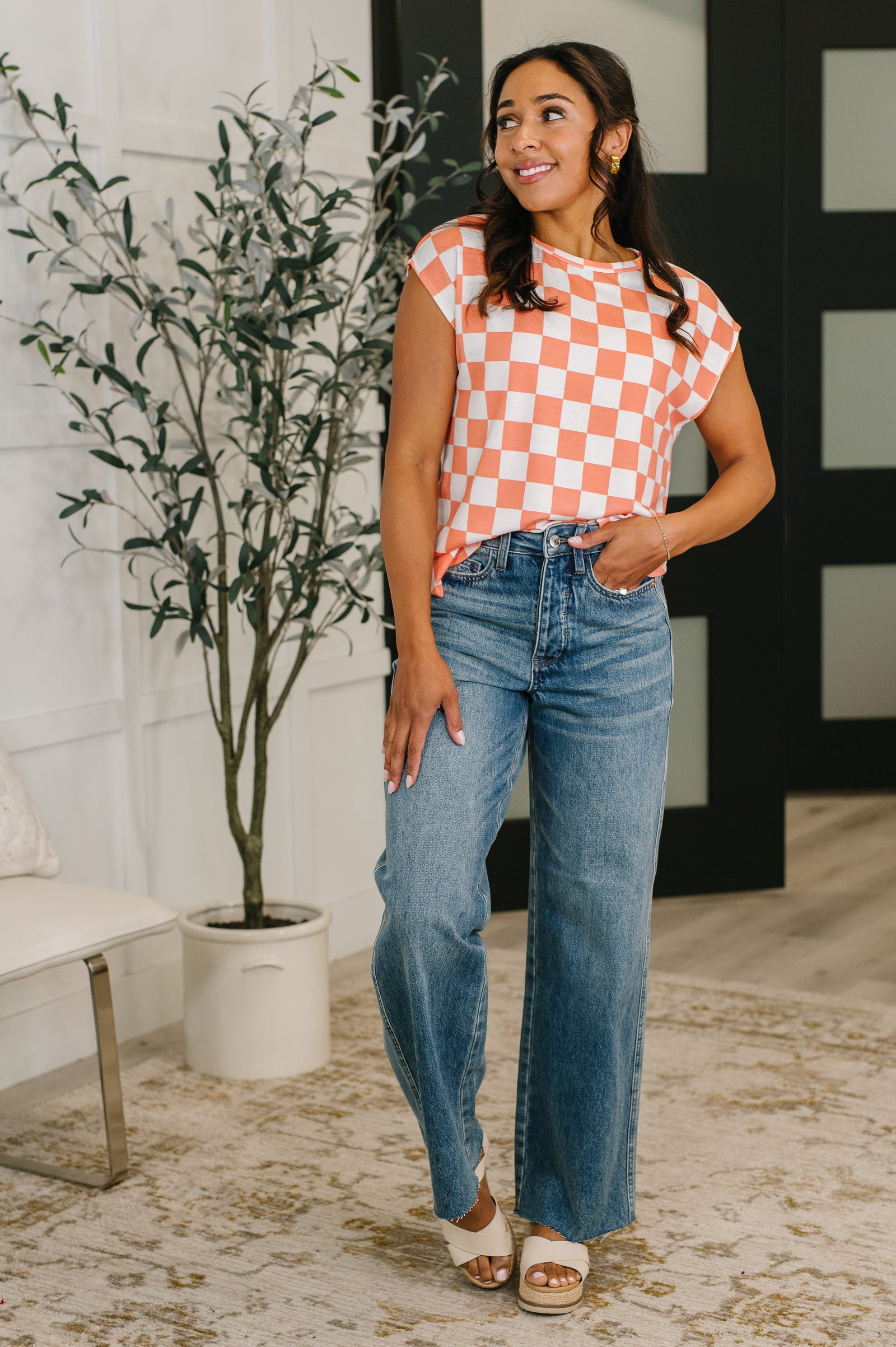 Check Hers Round Neck Top in Orange