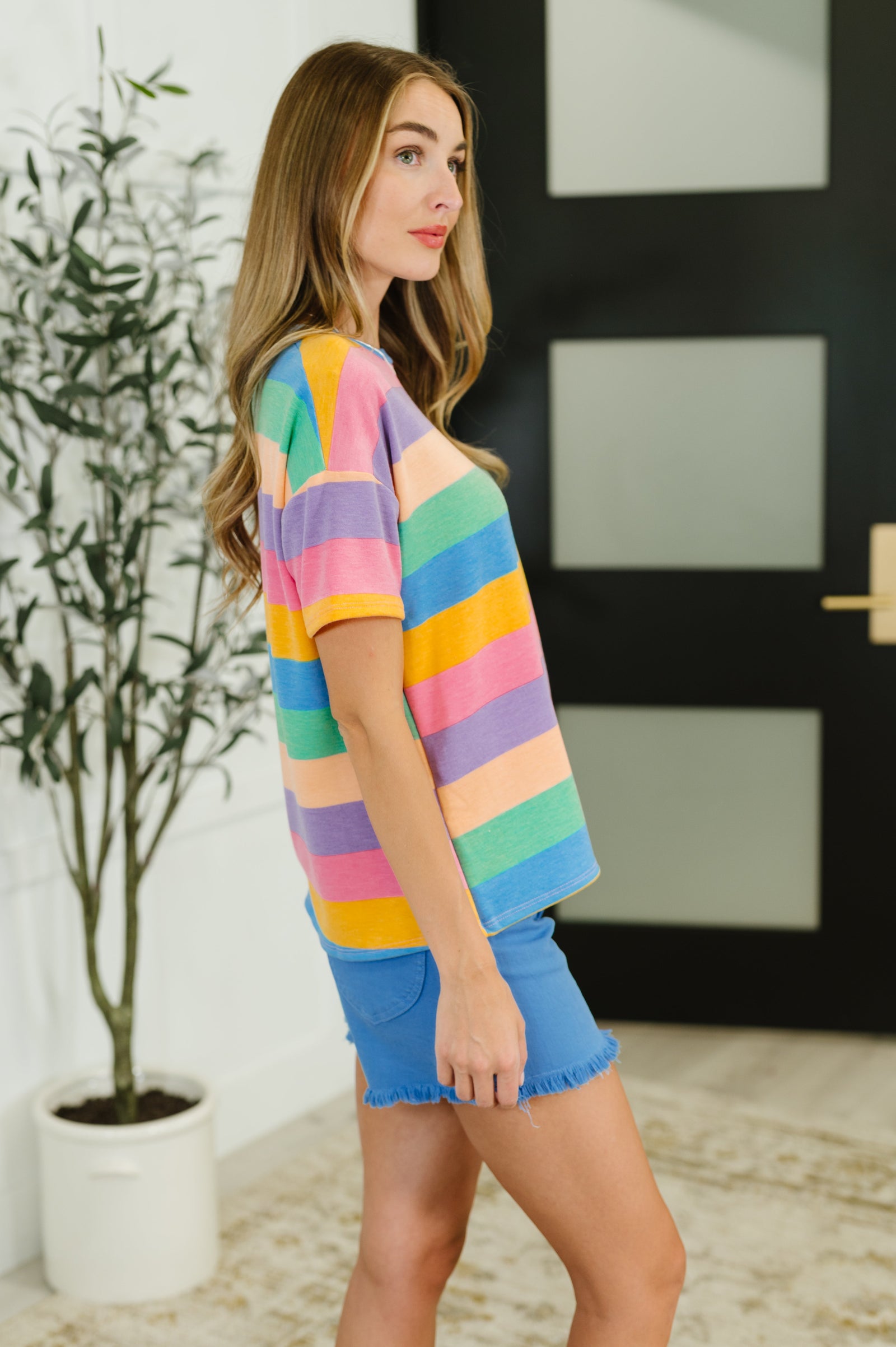 Color Theory Drop Shoulder Top in Blue, Yellow and Pink