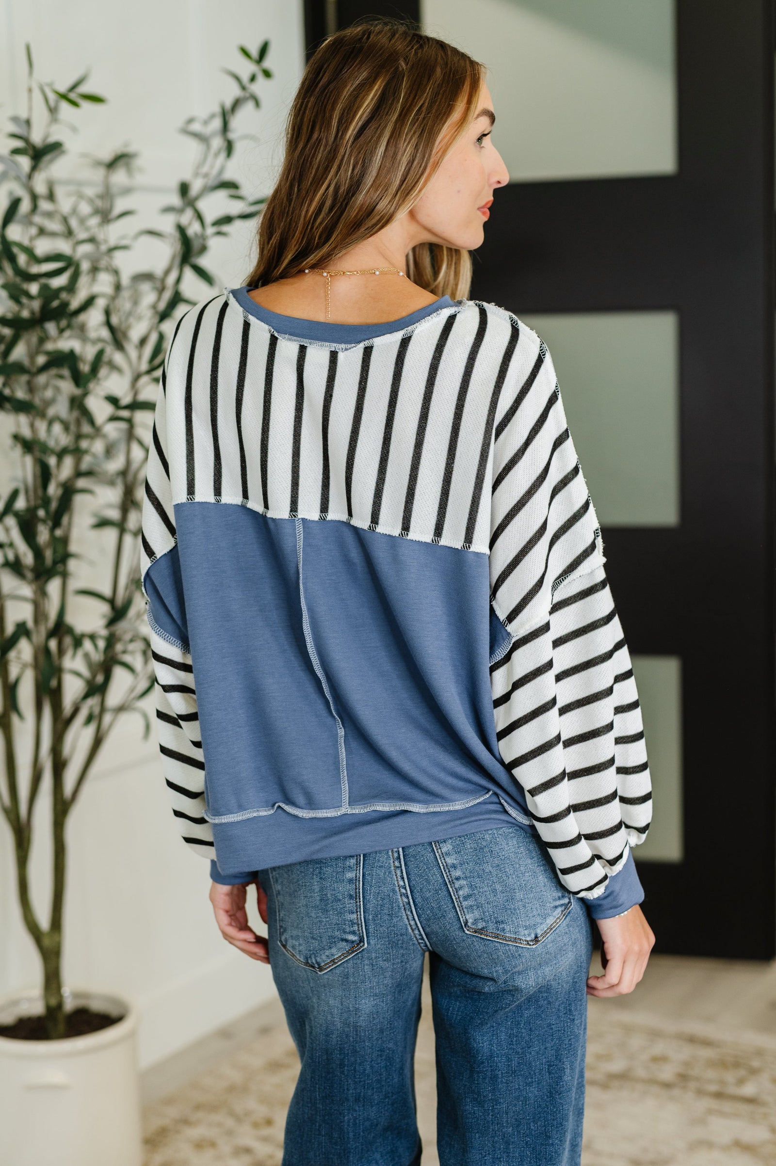 Cute in Comfort Crew Neck Pullover in White, Black and Denim