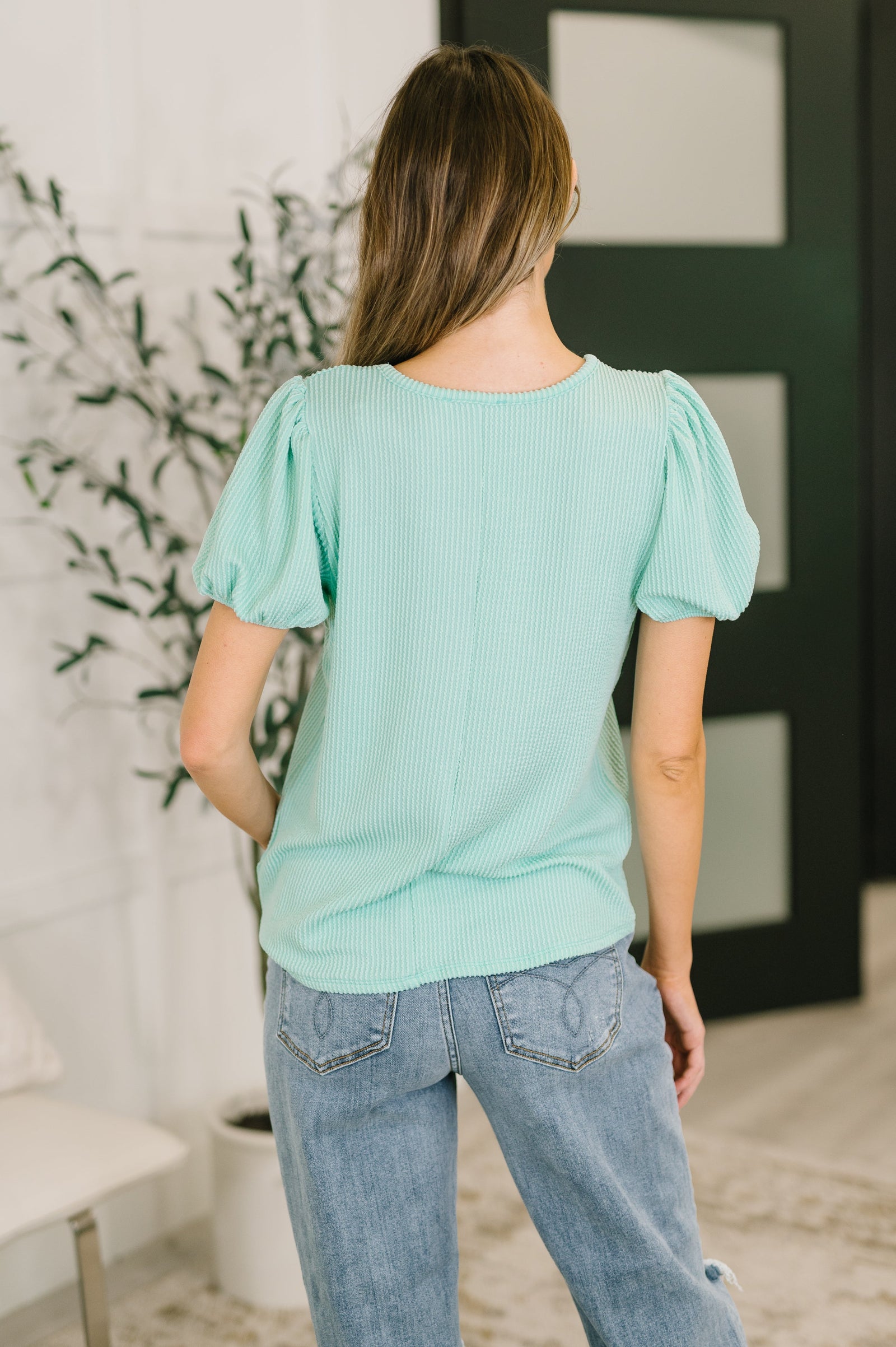 Grace & Virtue Balloon Sleeve Blouse in Mint