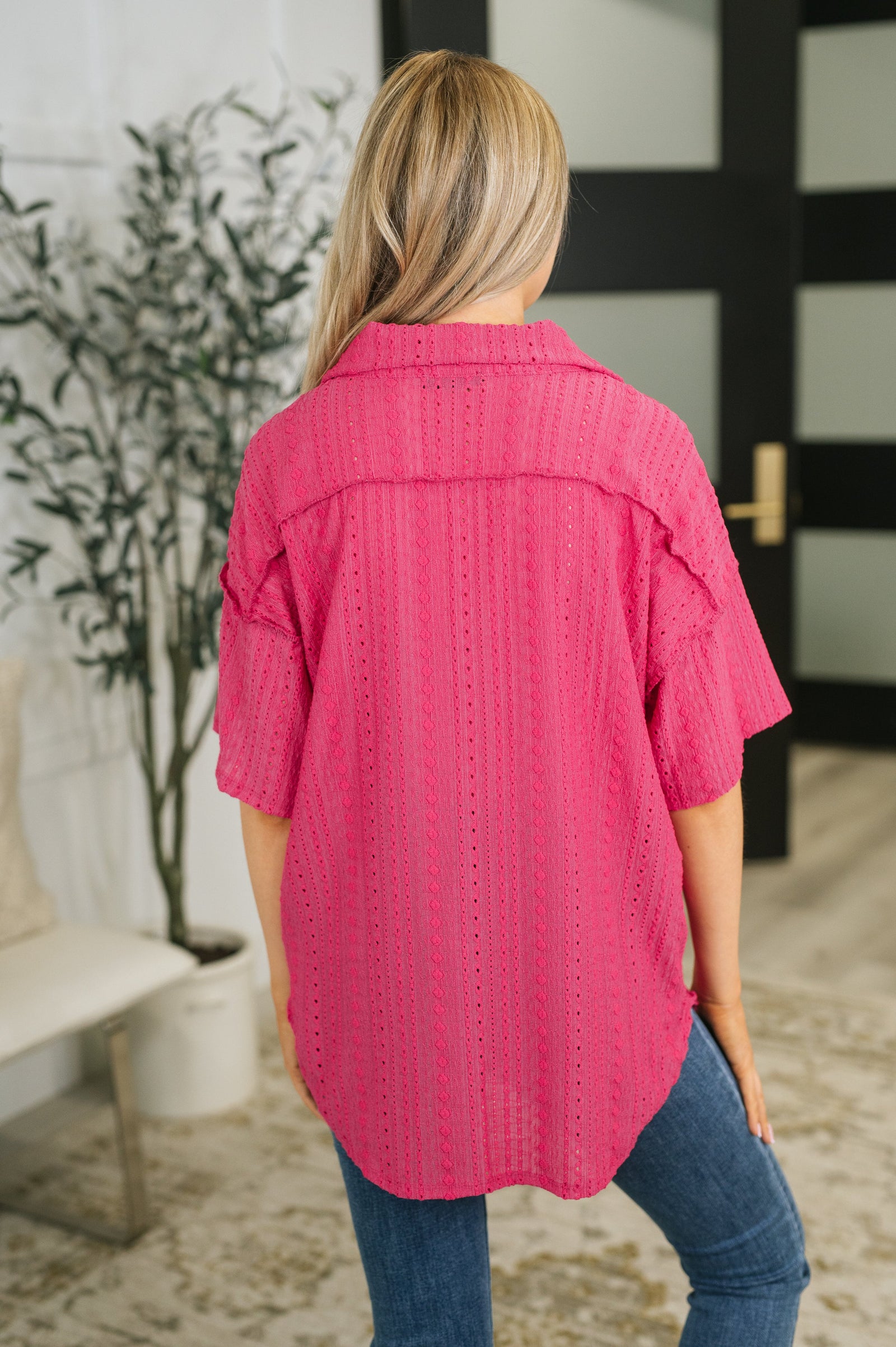 I Mean Business Eyelet Knit Button Down Top