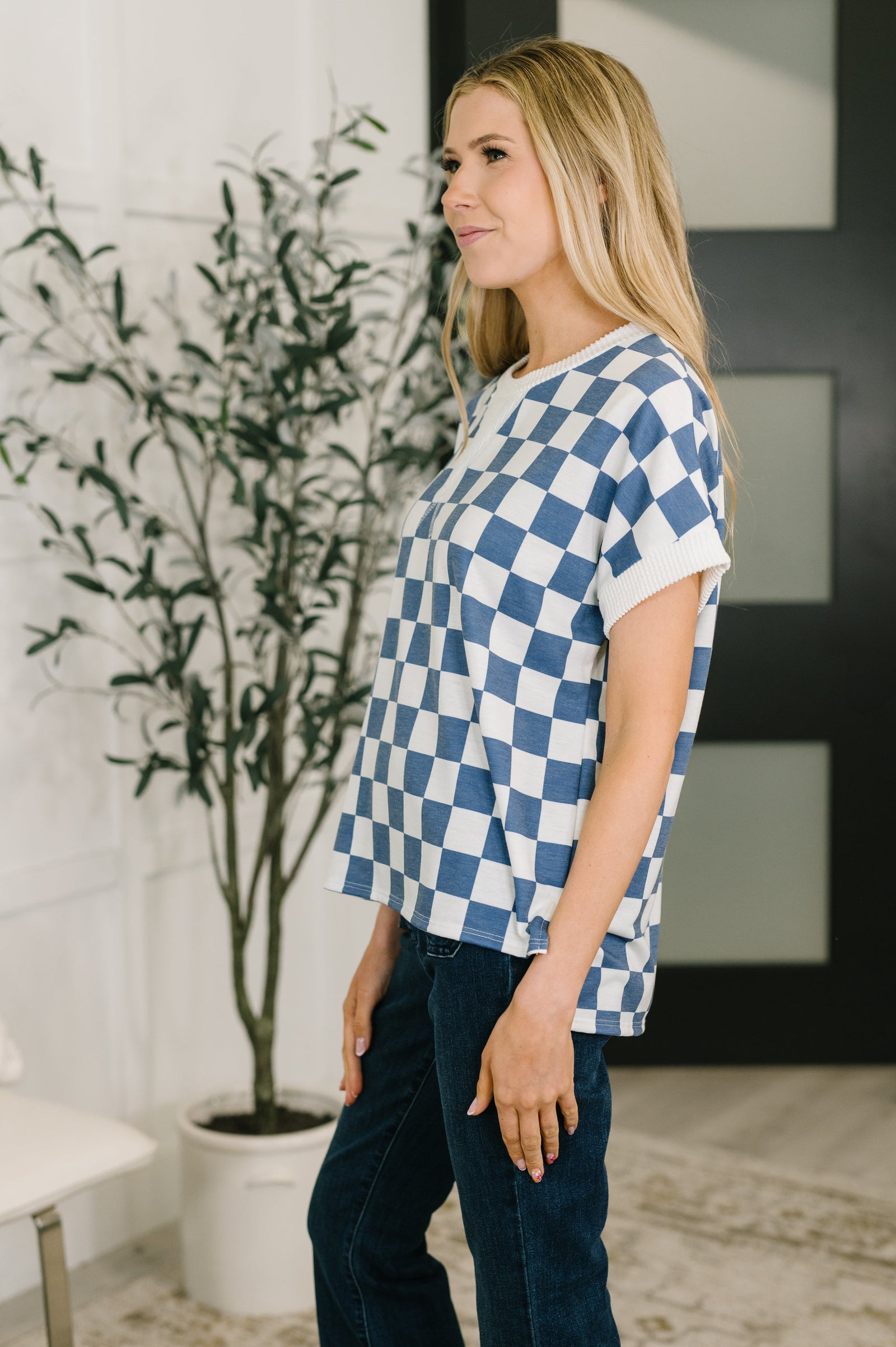 I've Been Everywhere Crew Neck Checkered Top in Blue