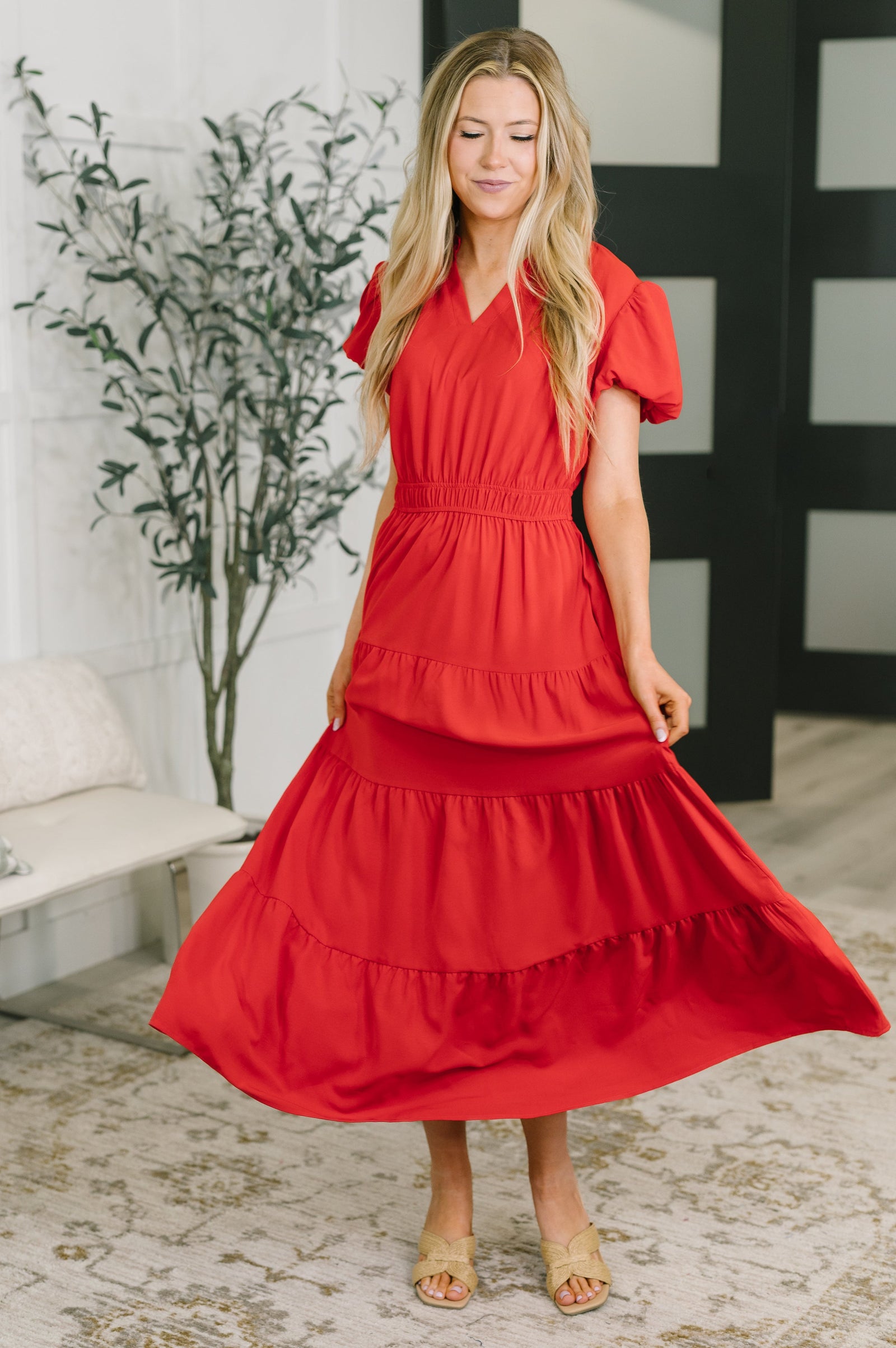 Keep You Coming Balloon Sleeve Tiered Dress in Red