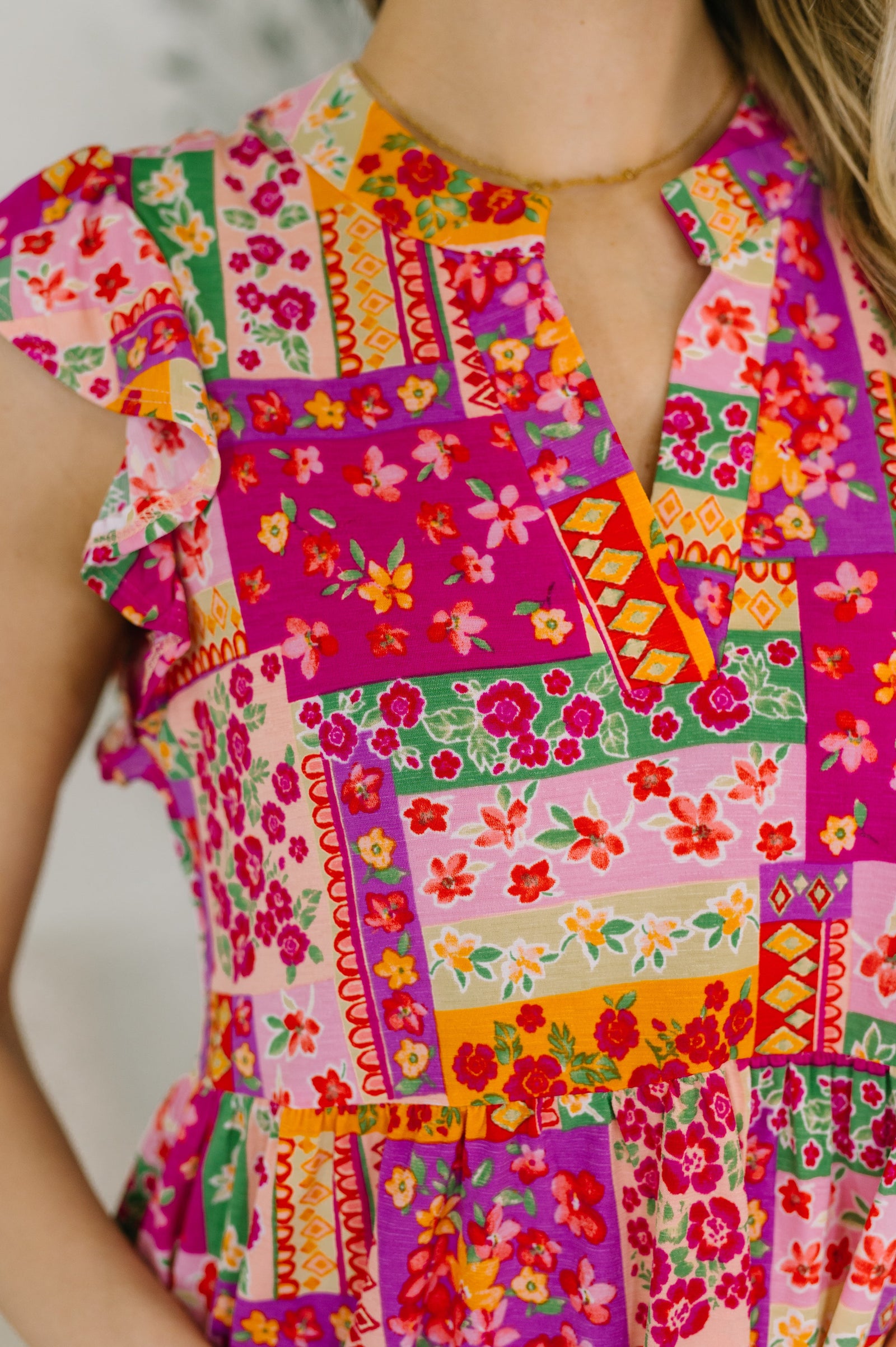 Lizzy Flutter Sleeve Dress in Patchwork Floral