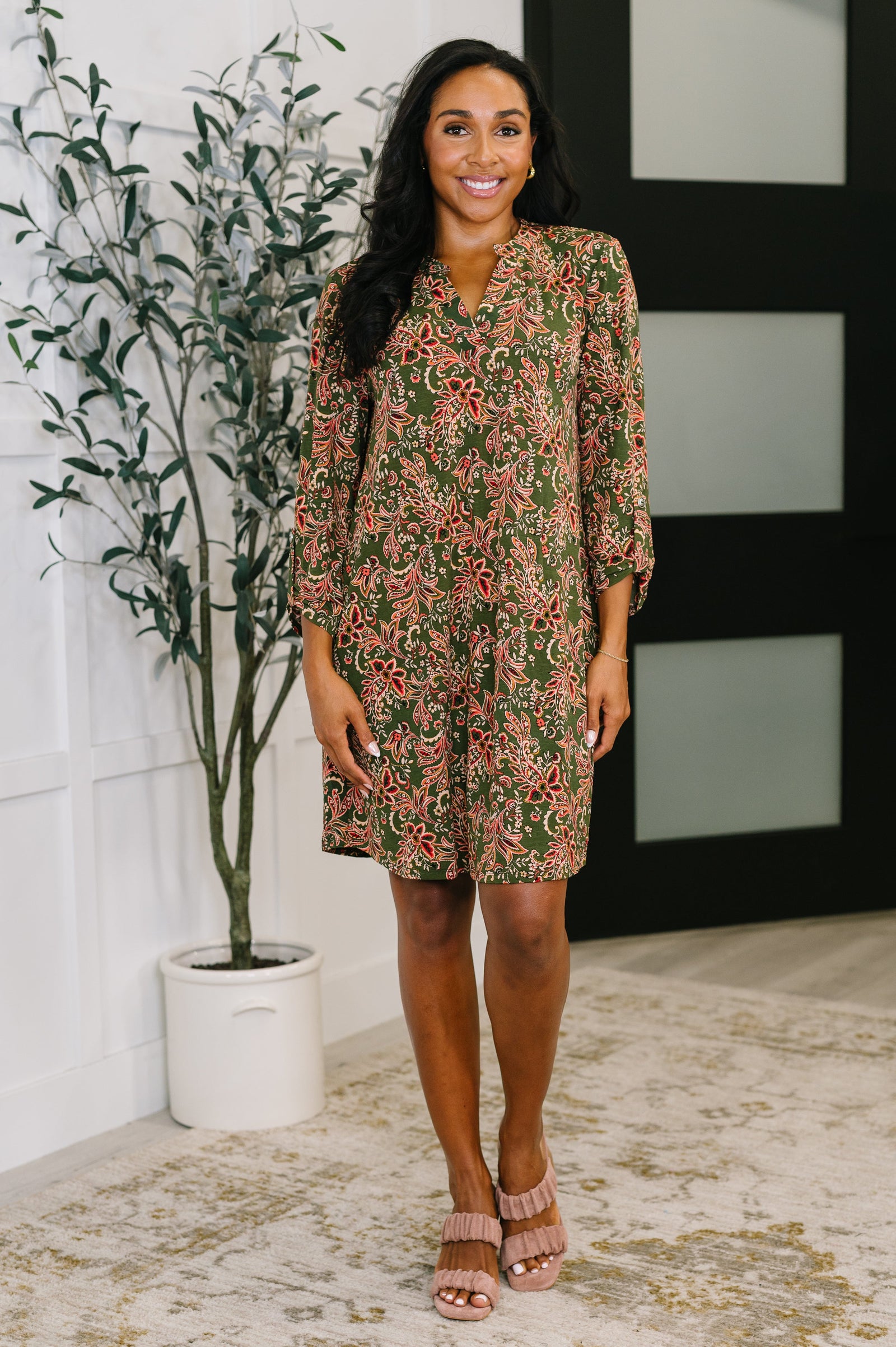 Lizzy Long Sleeve Dress in Olive Paisley