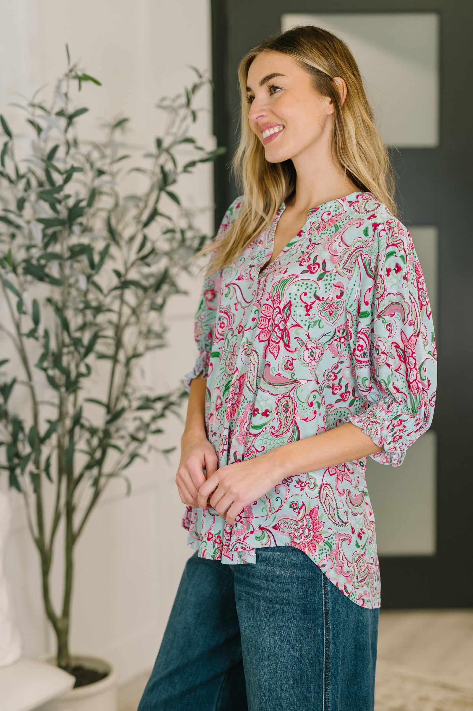 Lizzy Smock Top in Mint and Pink Floral Paisley