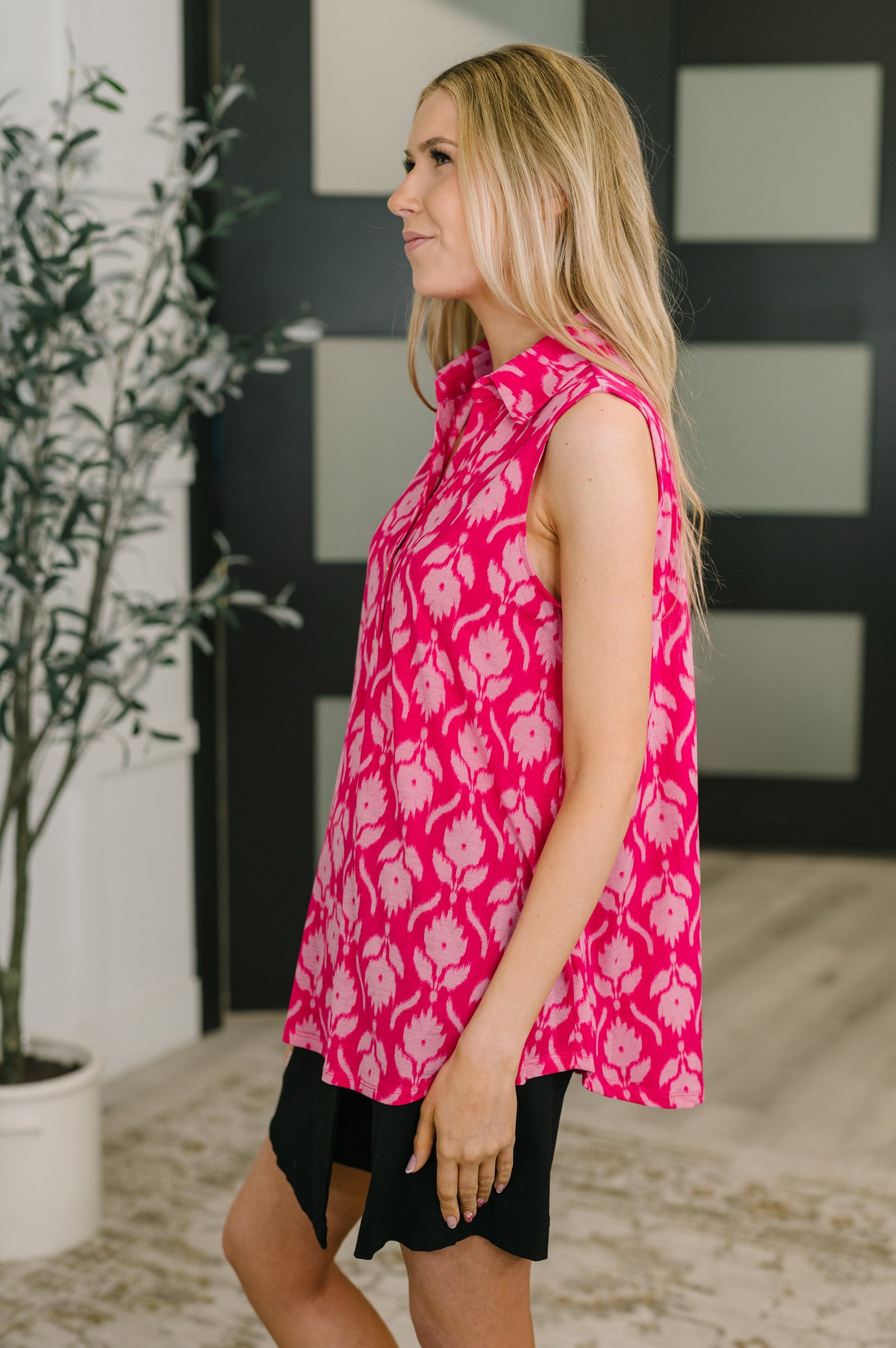 Sea Spray Collared Sleeveless Top in Floral Ikat