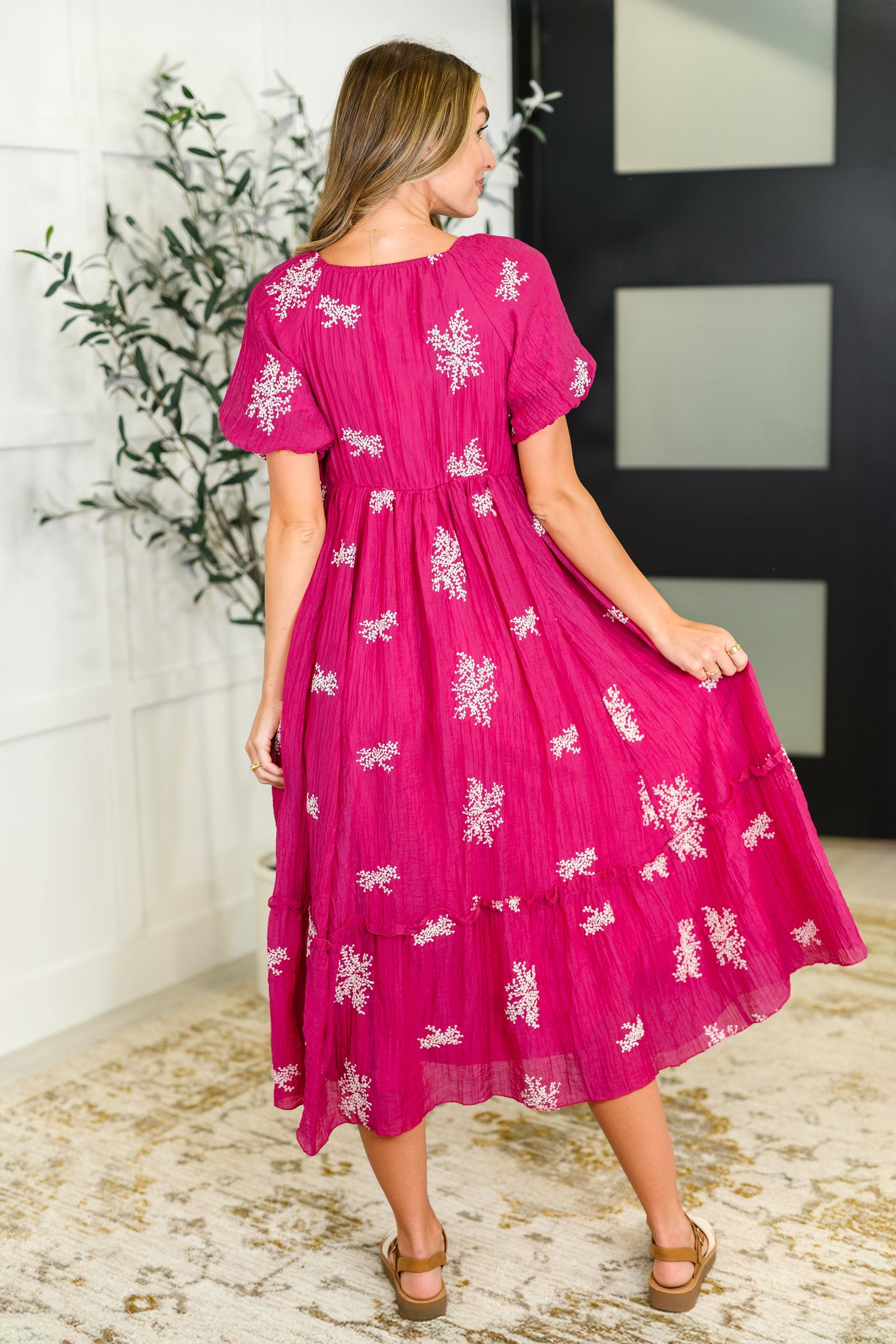 Twirl in Bloom Square Neck Dress in Hot Pink