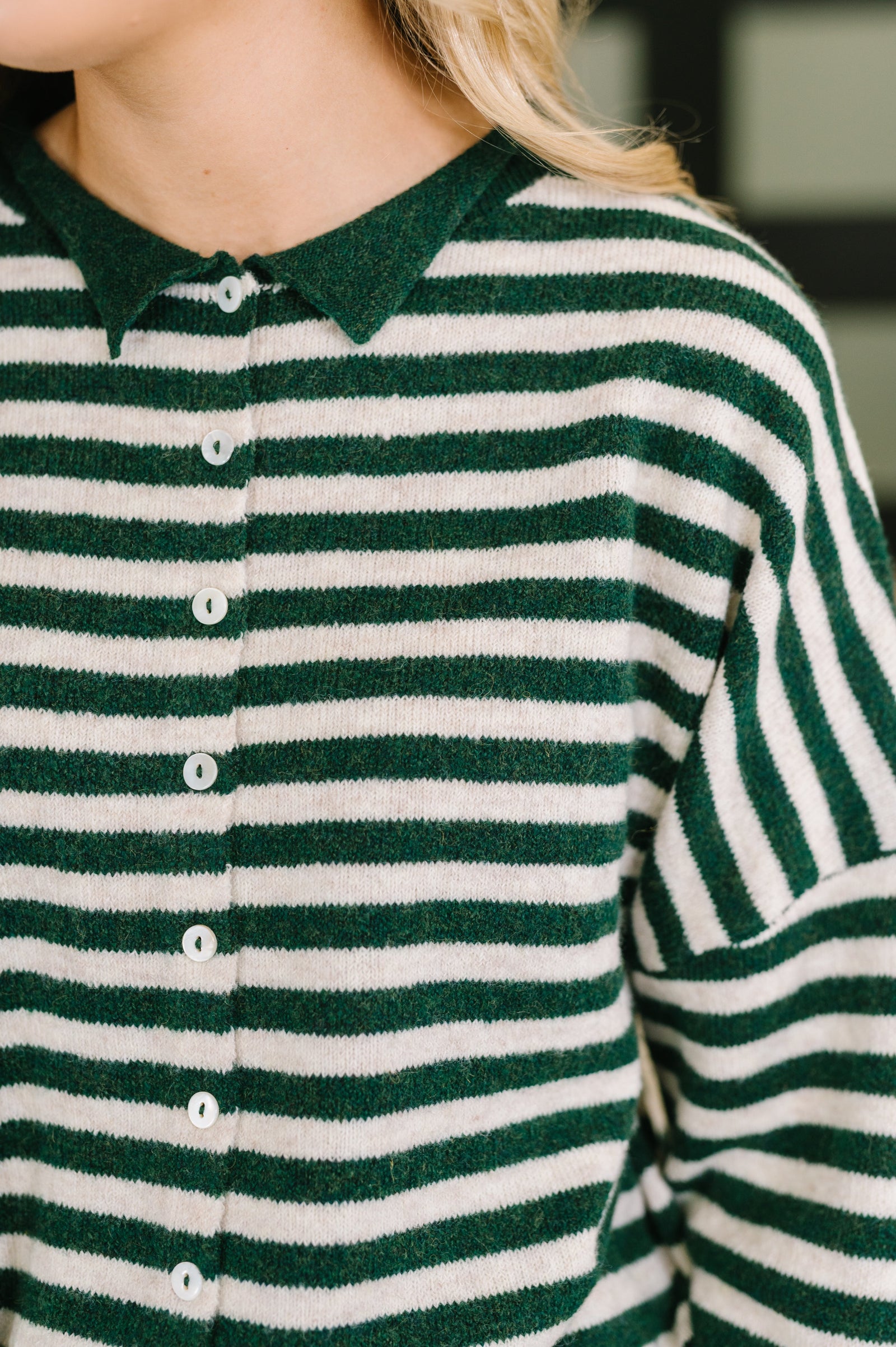 Won't Be Long Collared Sweater Button Down in Hunter Green
