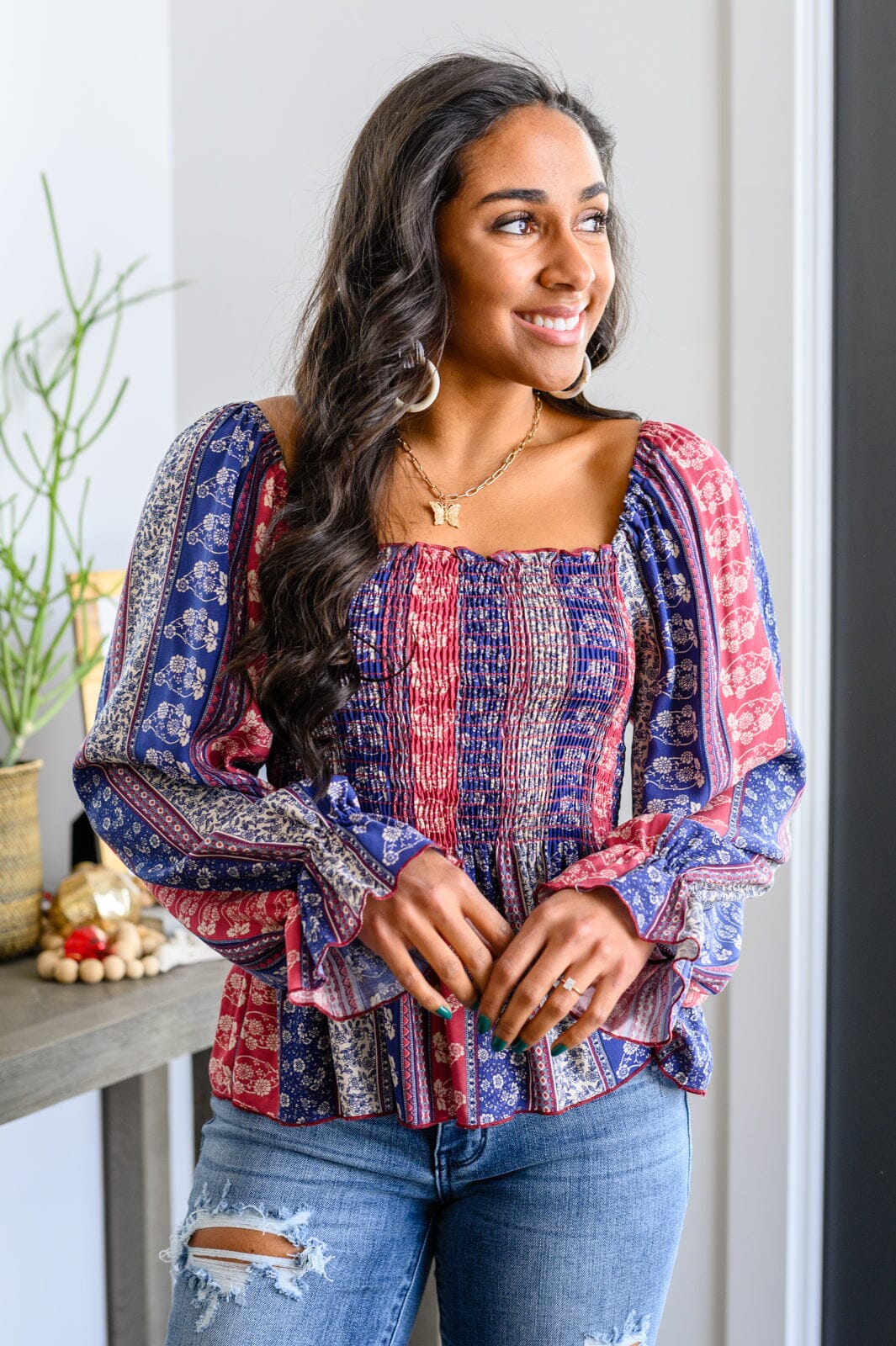 Afternoon Tea Smocked Long Sleeve Blouse Womens