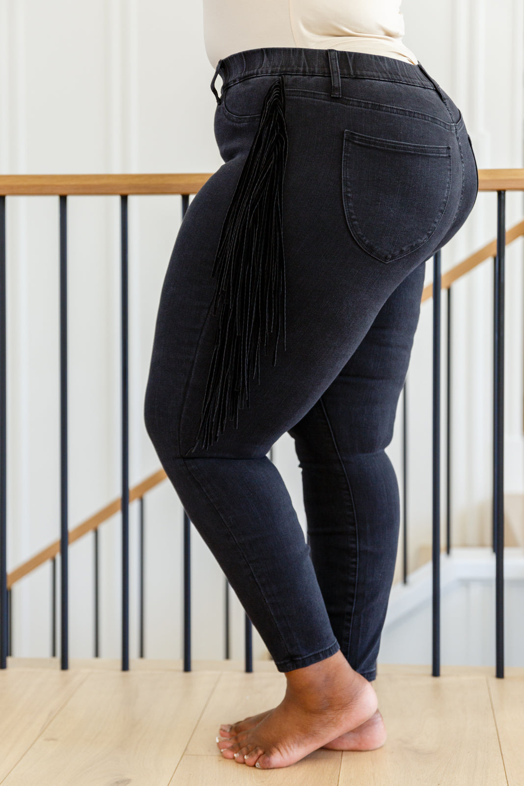 Hilary Side Fringe Skinny Jegging In Black Womens