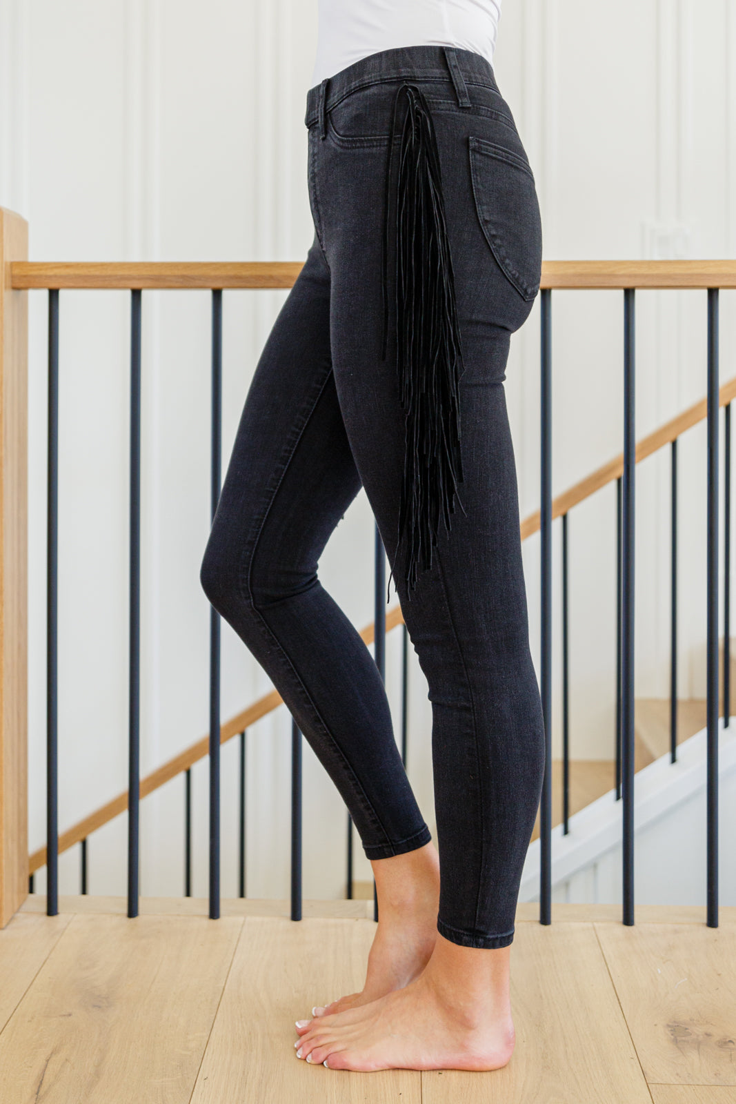 Hilary Side Fringe Skinny Jegging In Black Womens