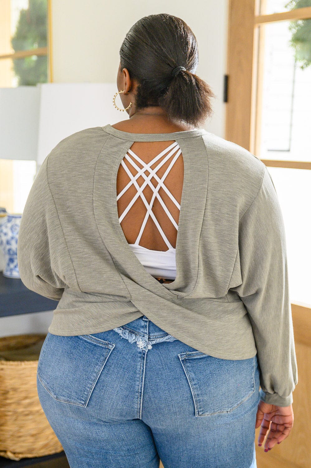 Long Sleeve Solid Knit Open Back Top In Olive Womens