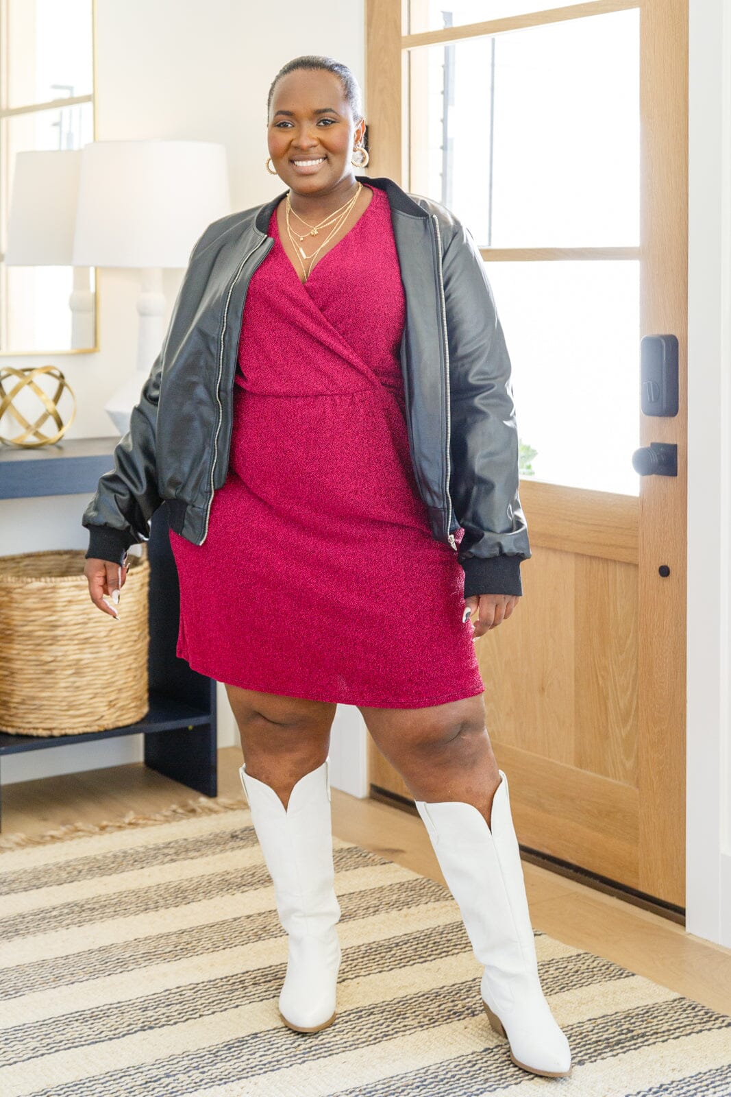 Only You Surplice Neck Sparkle Knit Dress In Magenta Womens