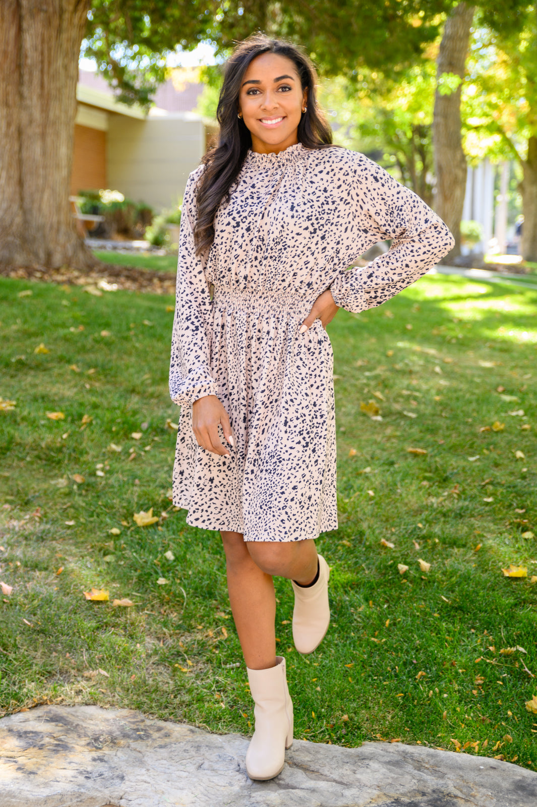 Ophelia Animal Print Shirred Waist Dress Womens