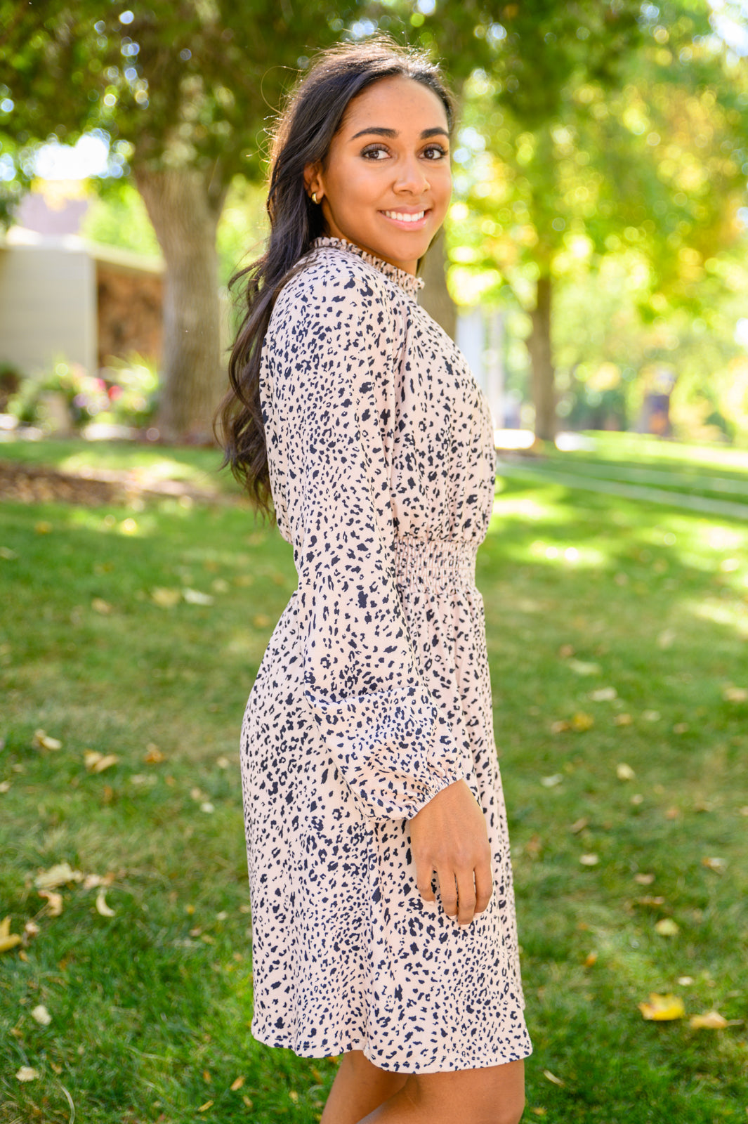 Ophelia Animal Print Shirred Waist Dress Womens