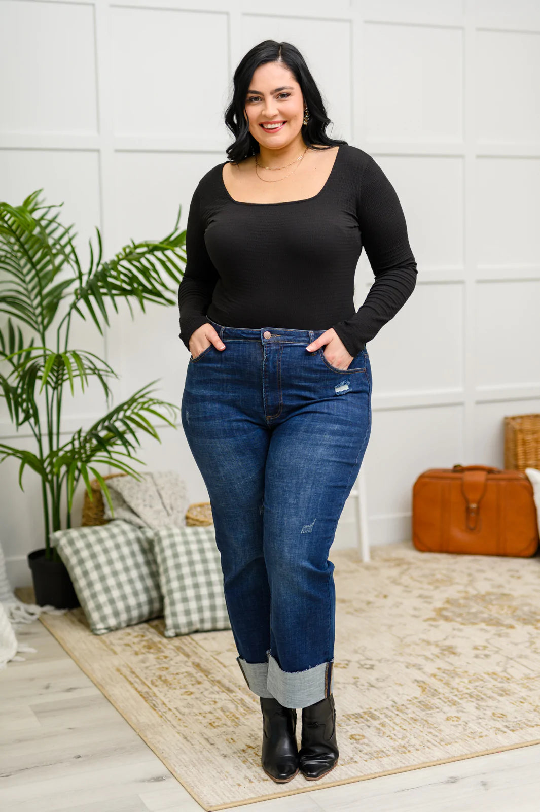 The Trisha Textured Square Neck Bodysuit in Black Womens