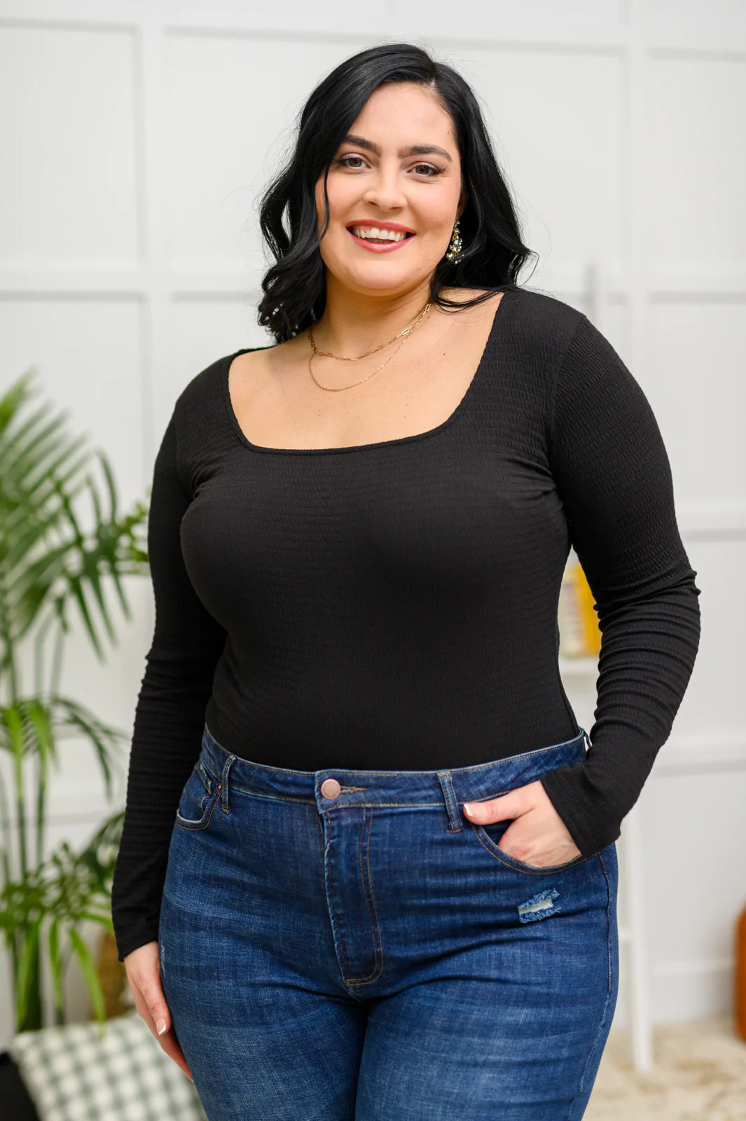 The Trisha Textured Square Neck Bodysuit in Black Womens