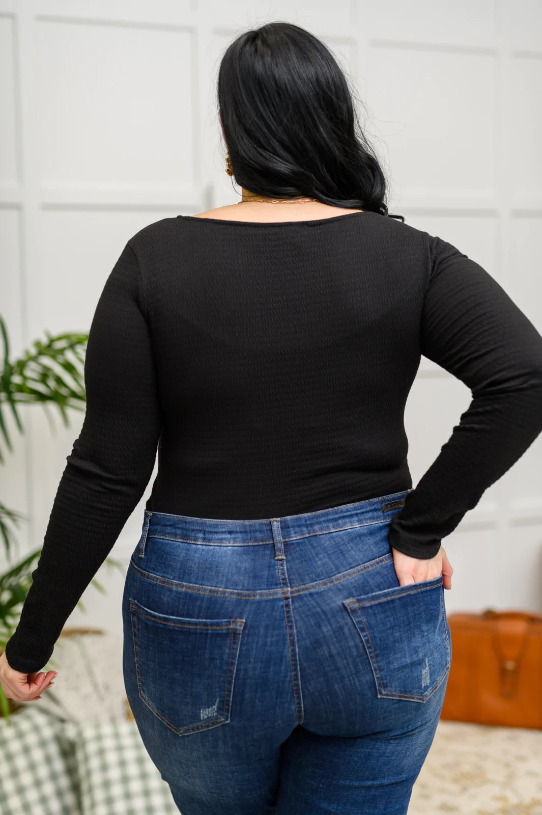 The Trisha Textured Square Neck Bodysuit in Black Womens
