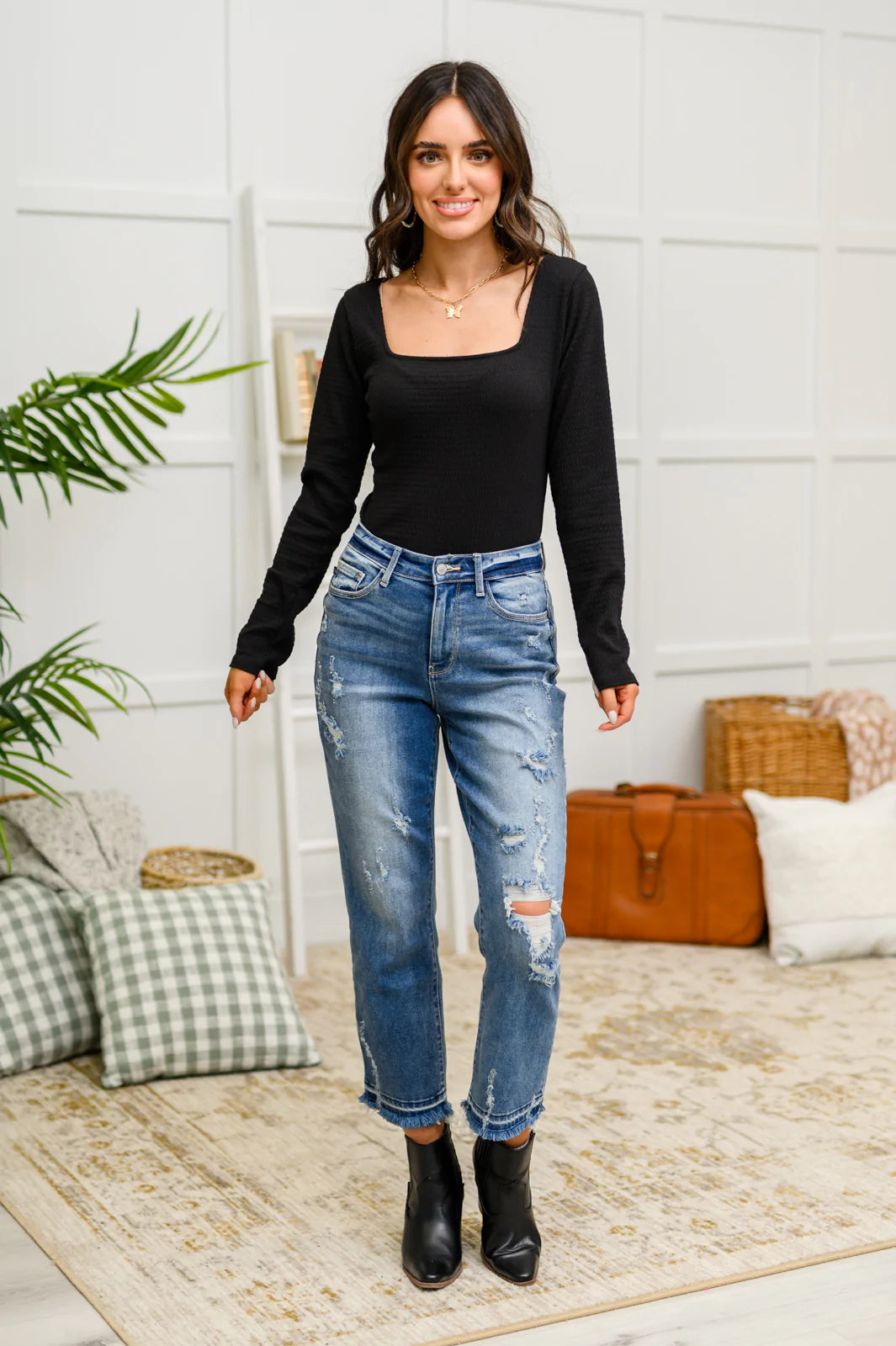 The Trisha Textured Square Neck Bodysuit in Black Womens