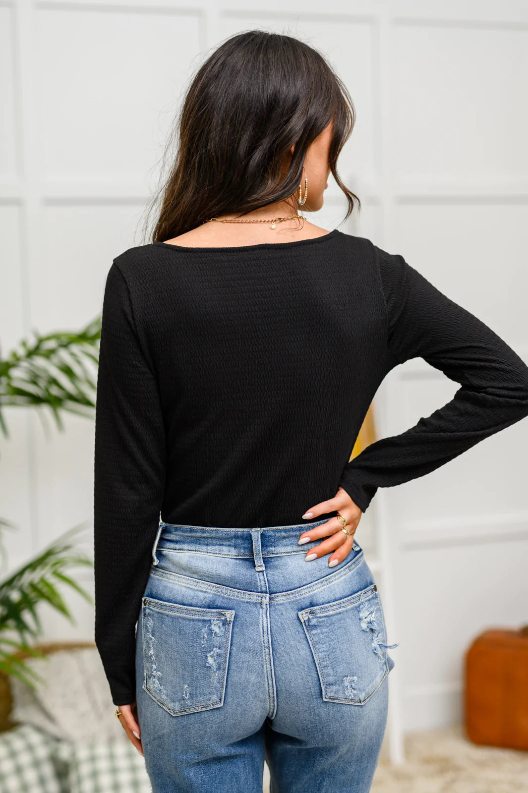 The Trisha Textured Square Neck Bodysuit in Black Womens
