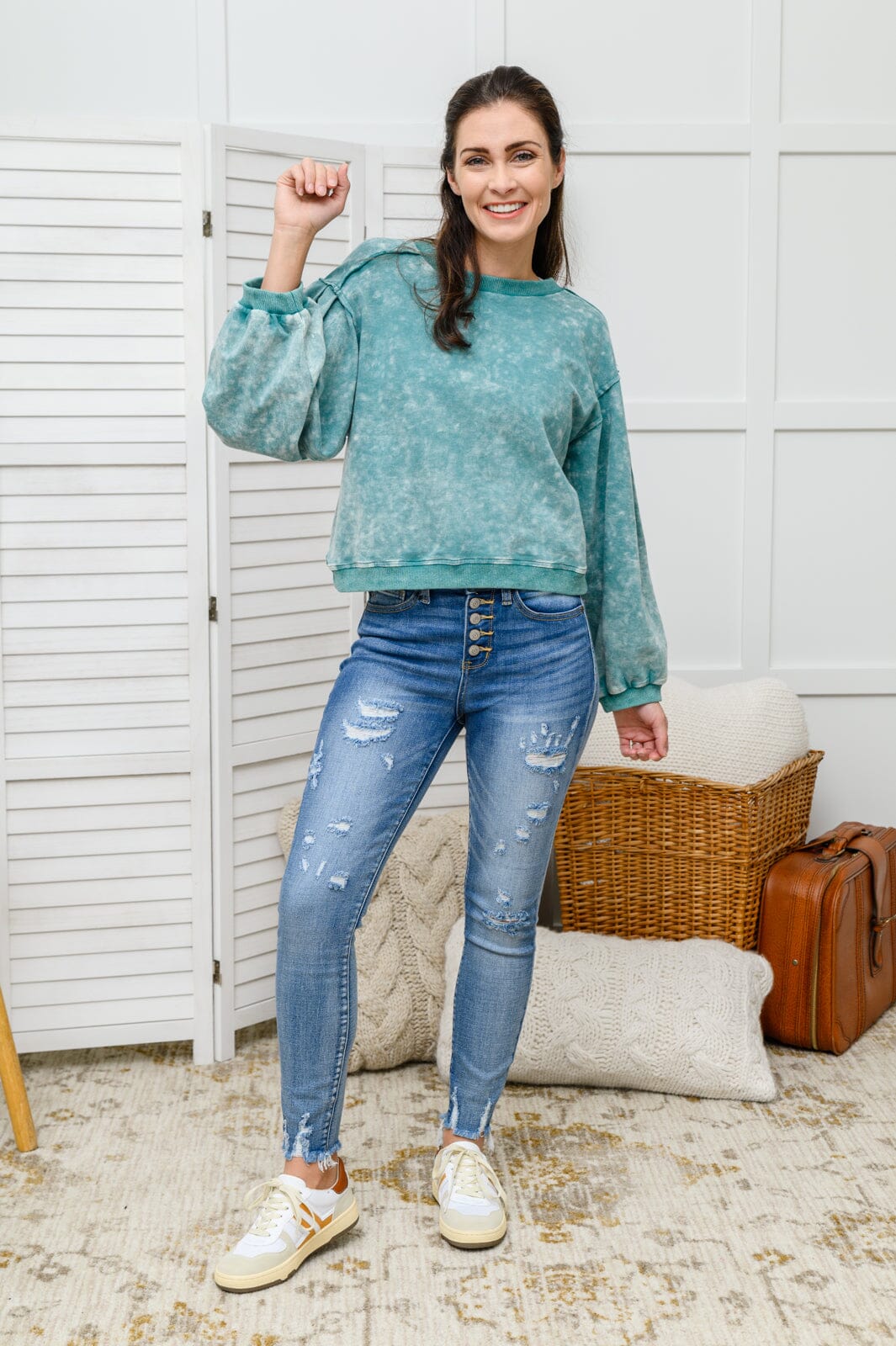 Tied Up In Cuteness Mineral Wash Sweater in Teal Womens