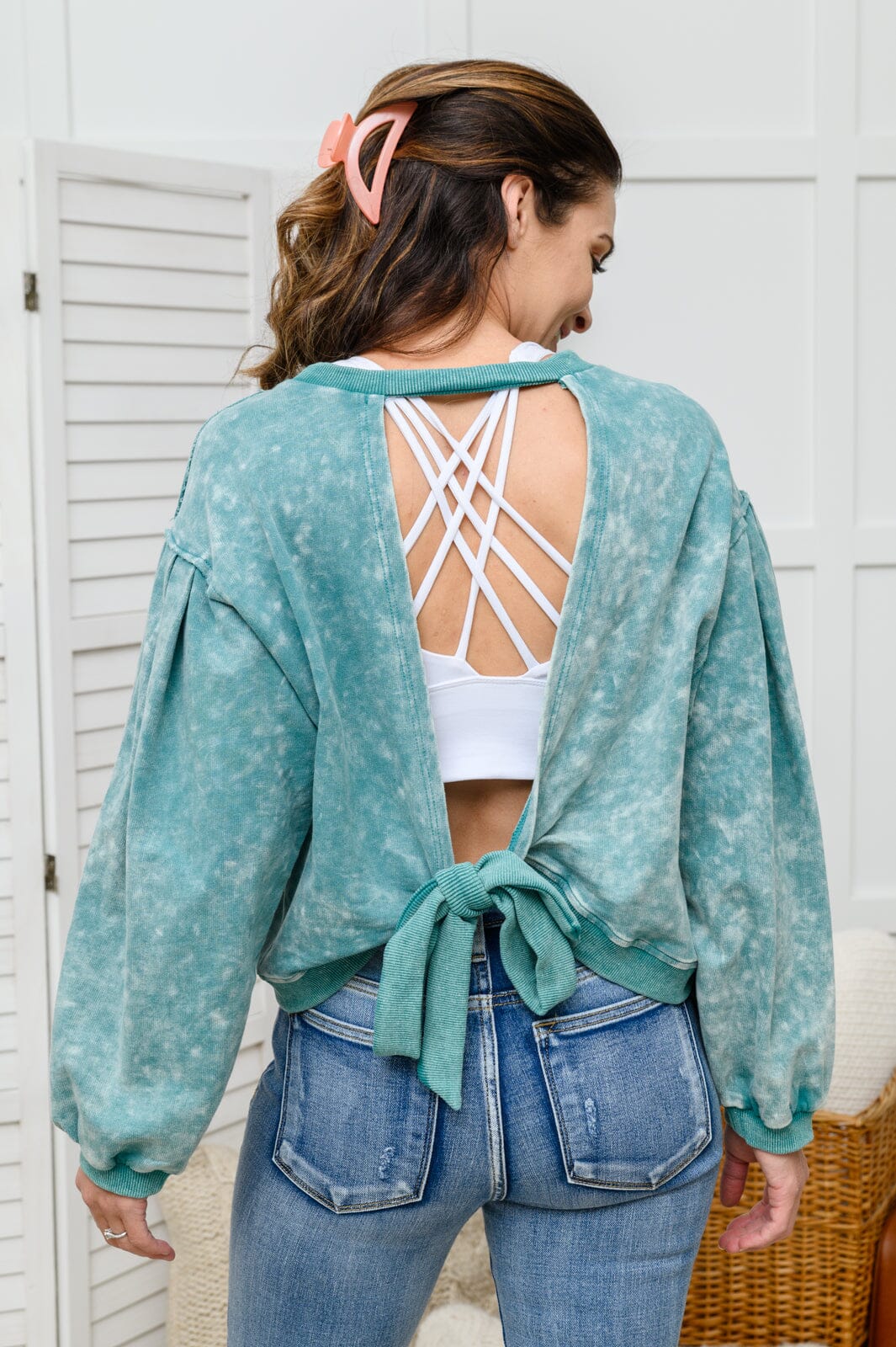 Tied Up In Cuteness Mineral Wash Sweater in Teal Womens