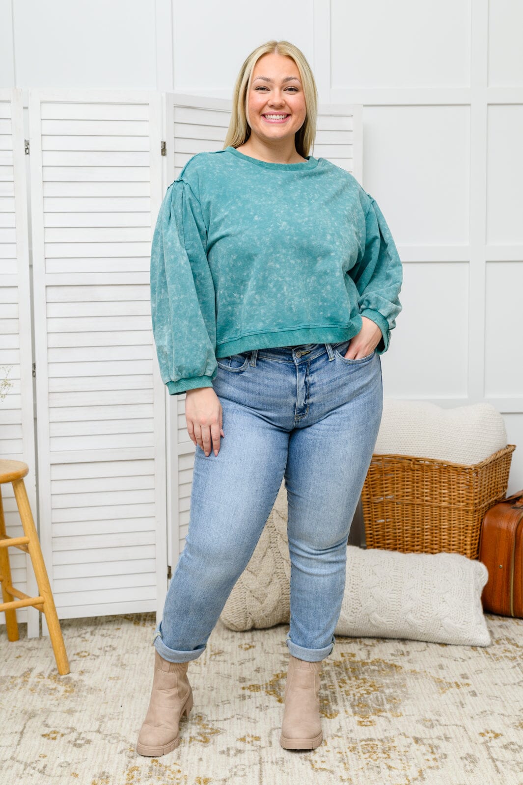 Tied Up In Cuteness Mineral Wash Sweater in Teal Womens