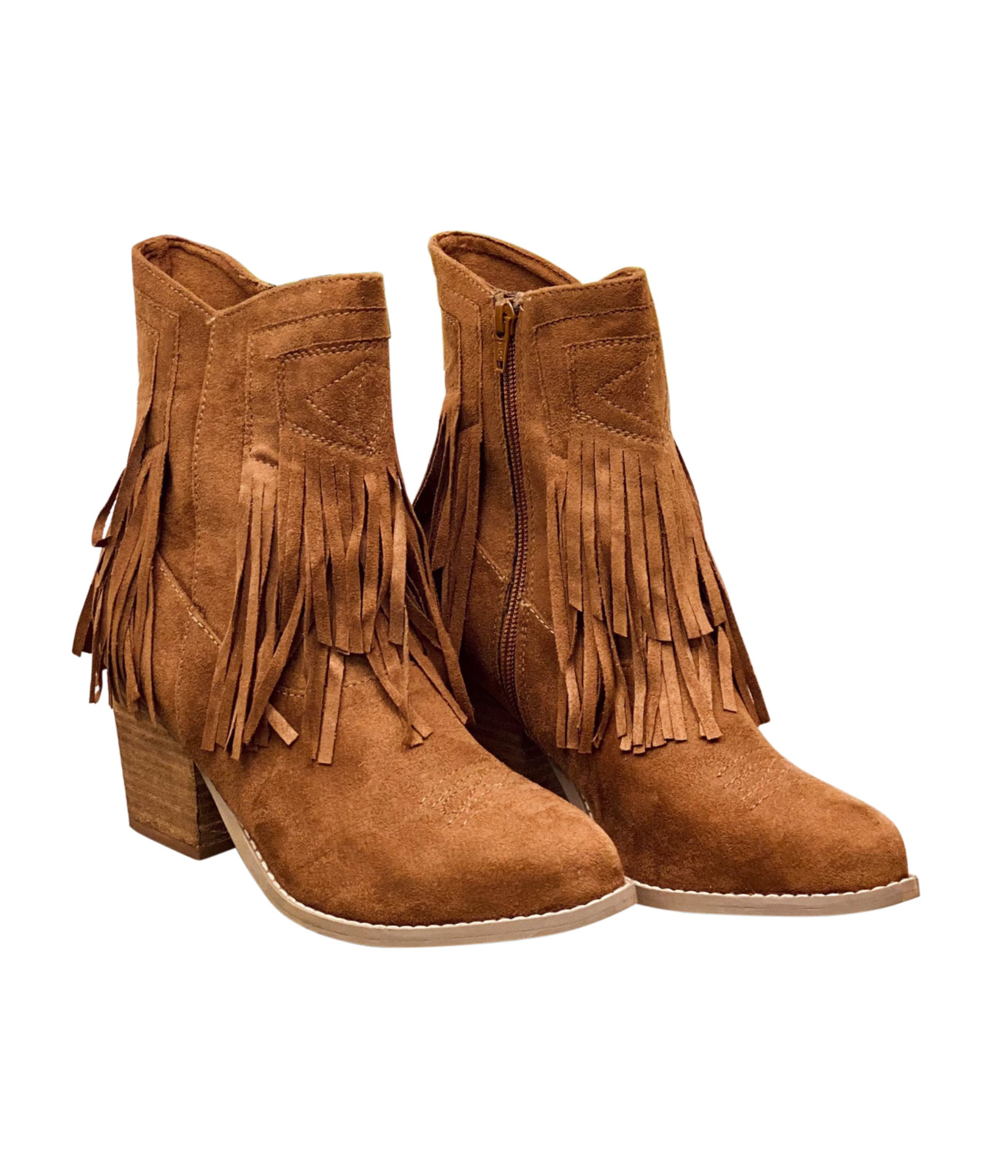 Sandra Fringe Booties in Tan