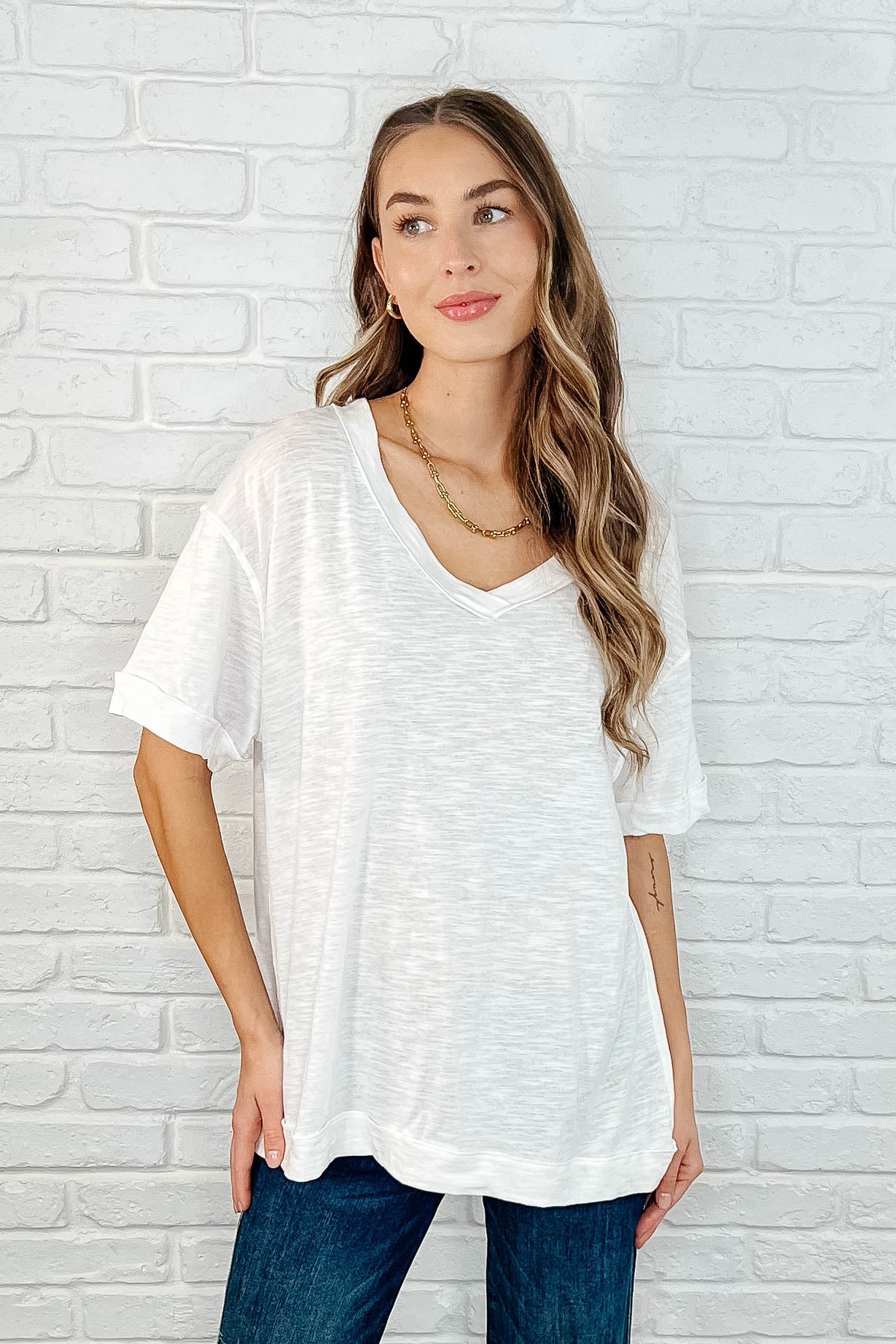 Basic Instinct Drop Shoulder V-Neck Tee in Ivory