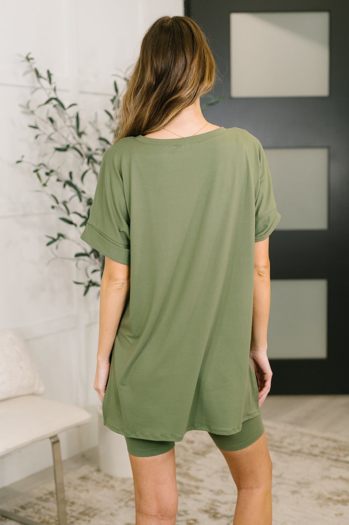 Buttery Soft V-Neck Bike Short Set in Light Olive