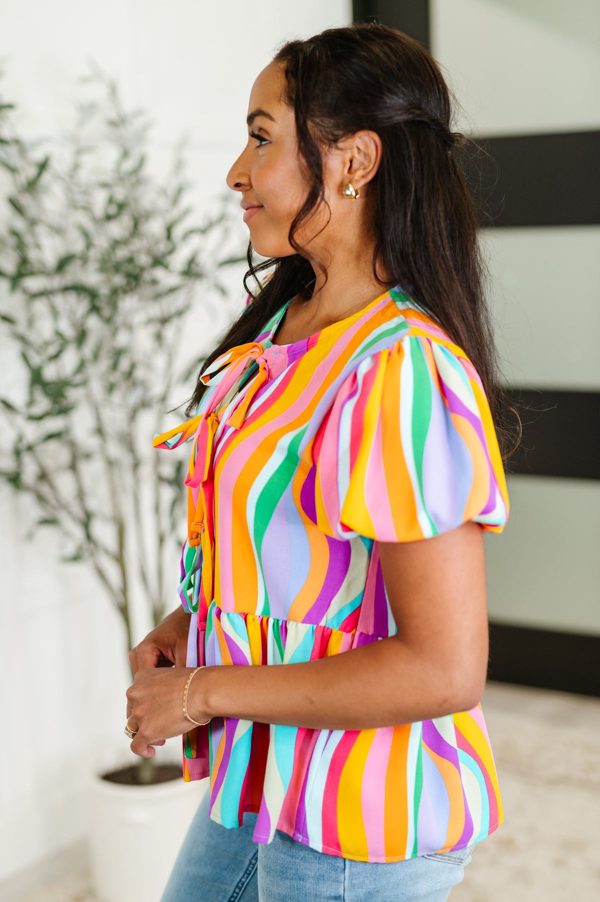 Chromatide Puff Sleeve Blouse in Mint/Orange