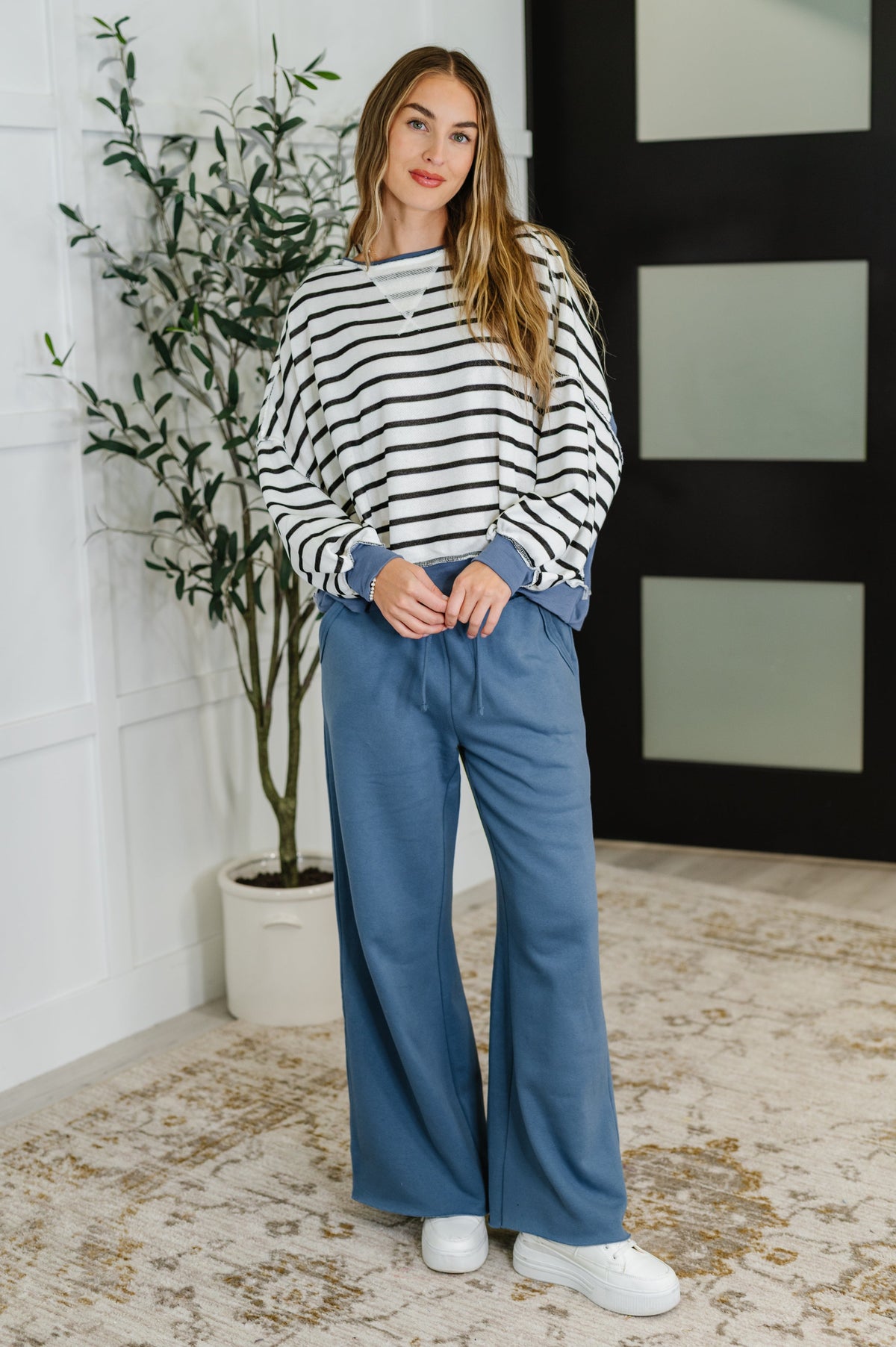 Cute in Comfort Crew Neck Pullover in White, Black and Denim