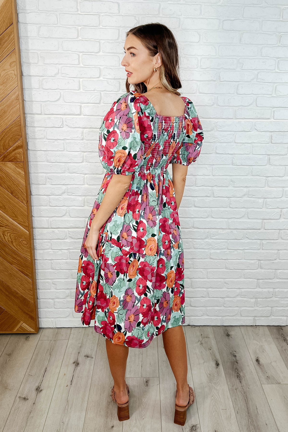 Dewdrop Blooms Puff Sleeve Floral Dress