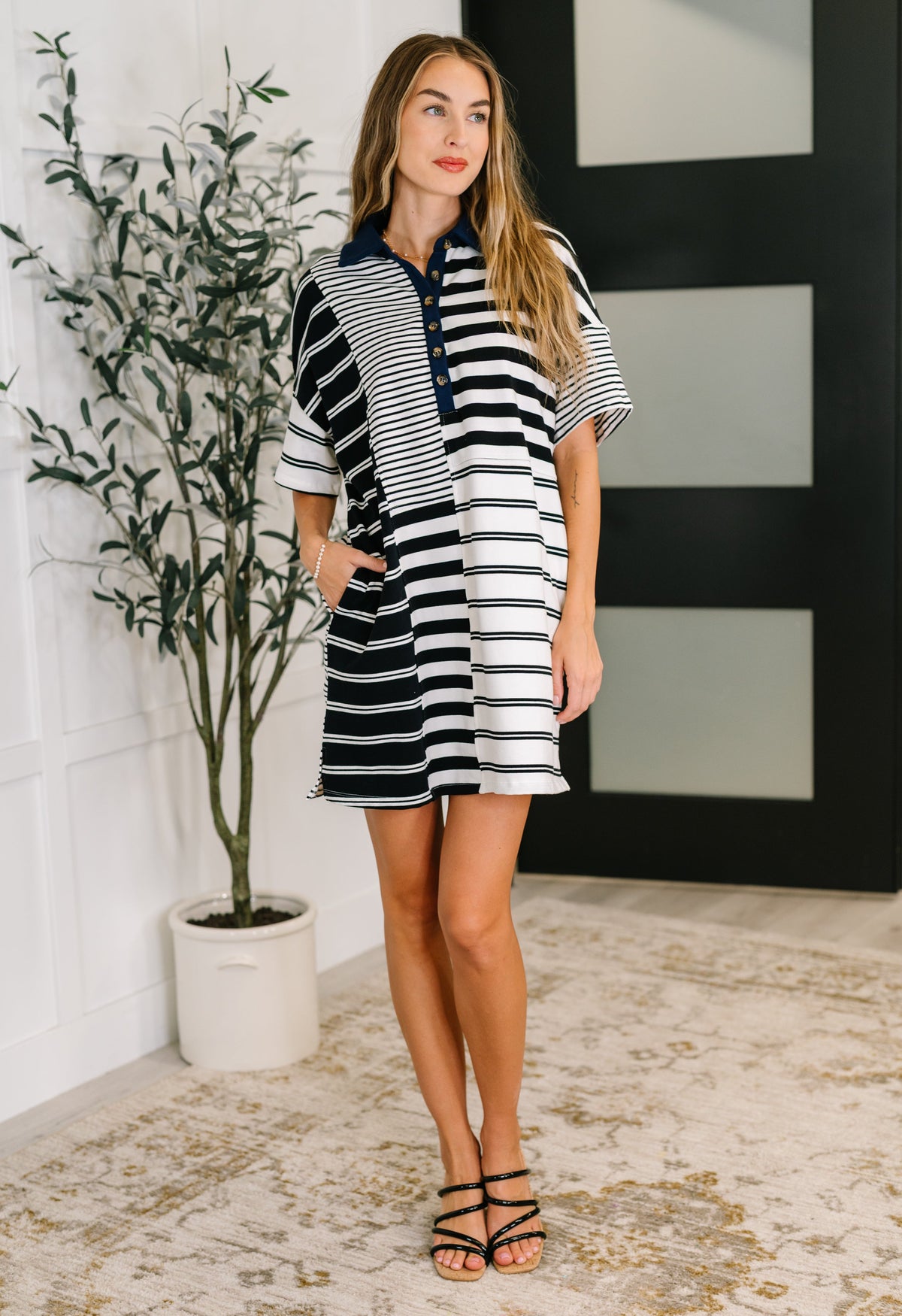 Everlasting Love Striped Collared Dress in Black and Navy