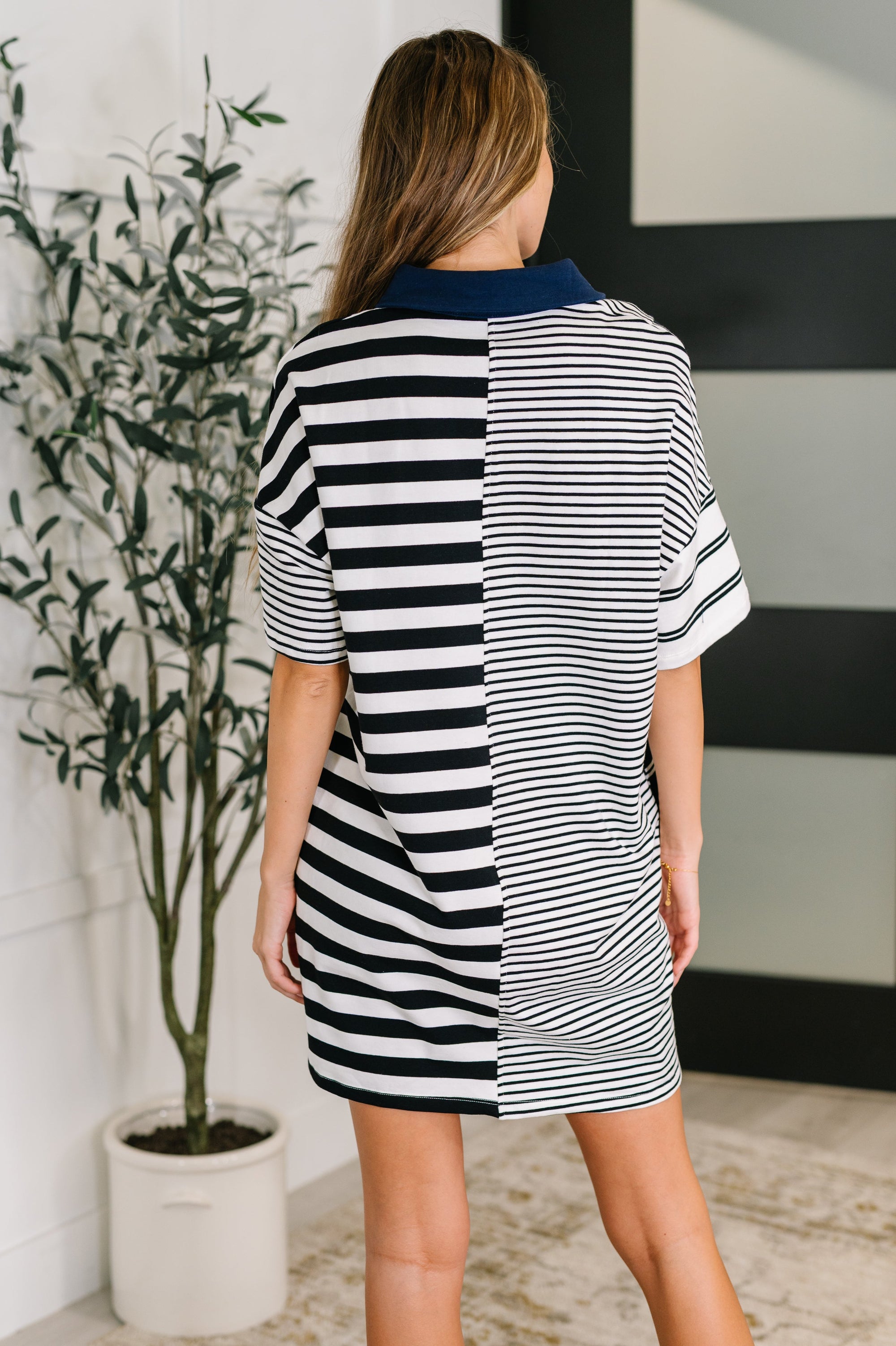 Everlasting Love Striped Collared Dress in Black and Navy