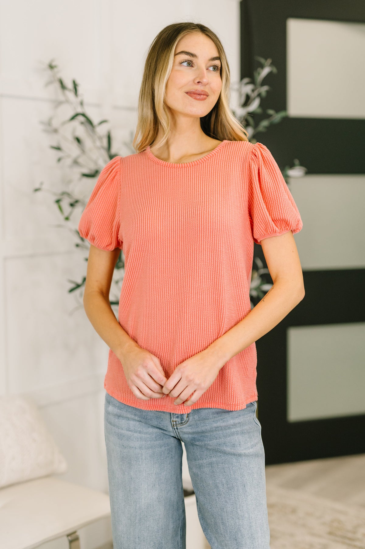 Grace &amp; Virtue Balloon Sleeve Blouse in Coral