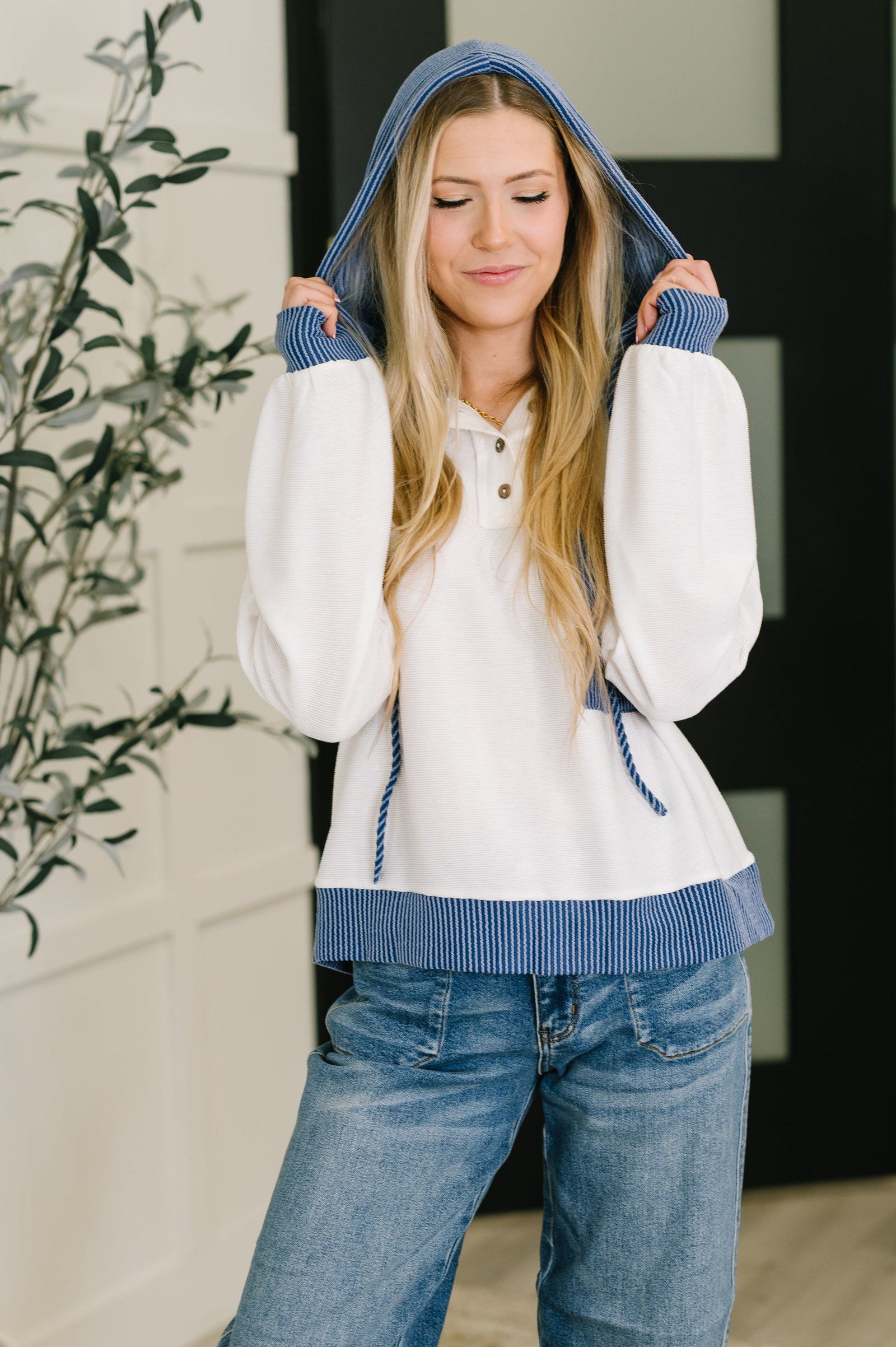 Here for Now Color Block Hoodie in Blue