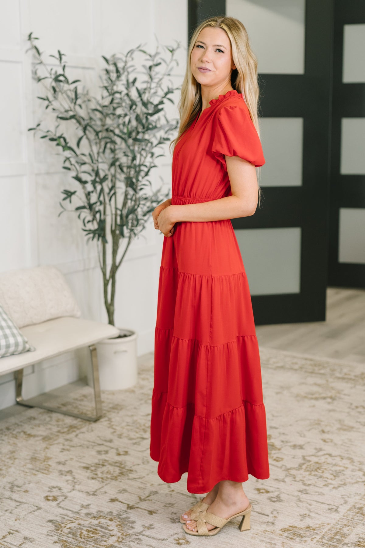 Keep You Coming Balloon Sleeve Tiered Dress in Red