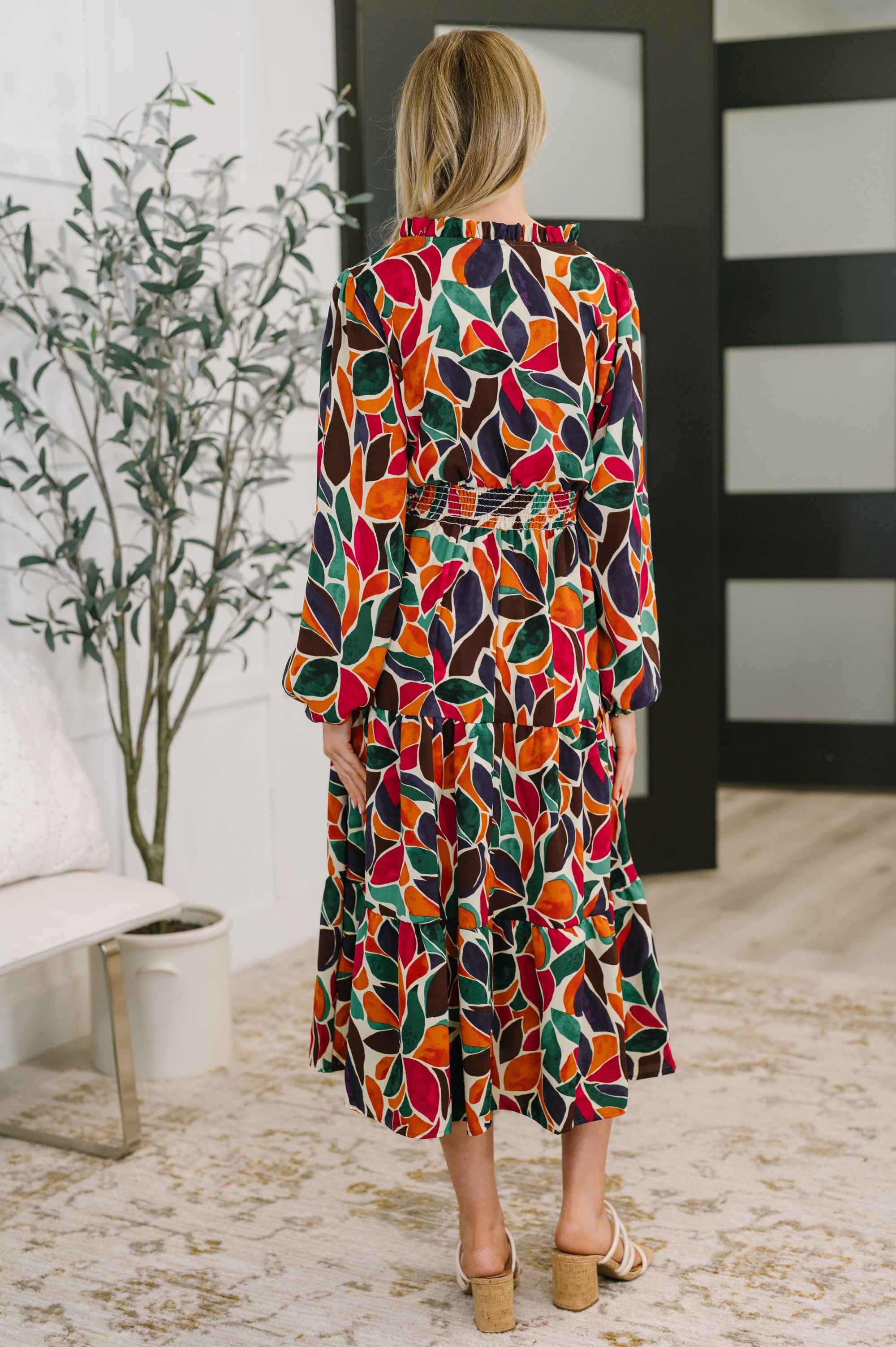 Leafing it All Behind Long Sleeve Tiered Dress