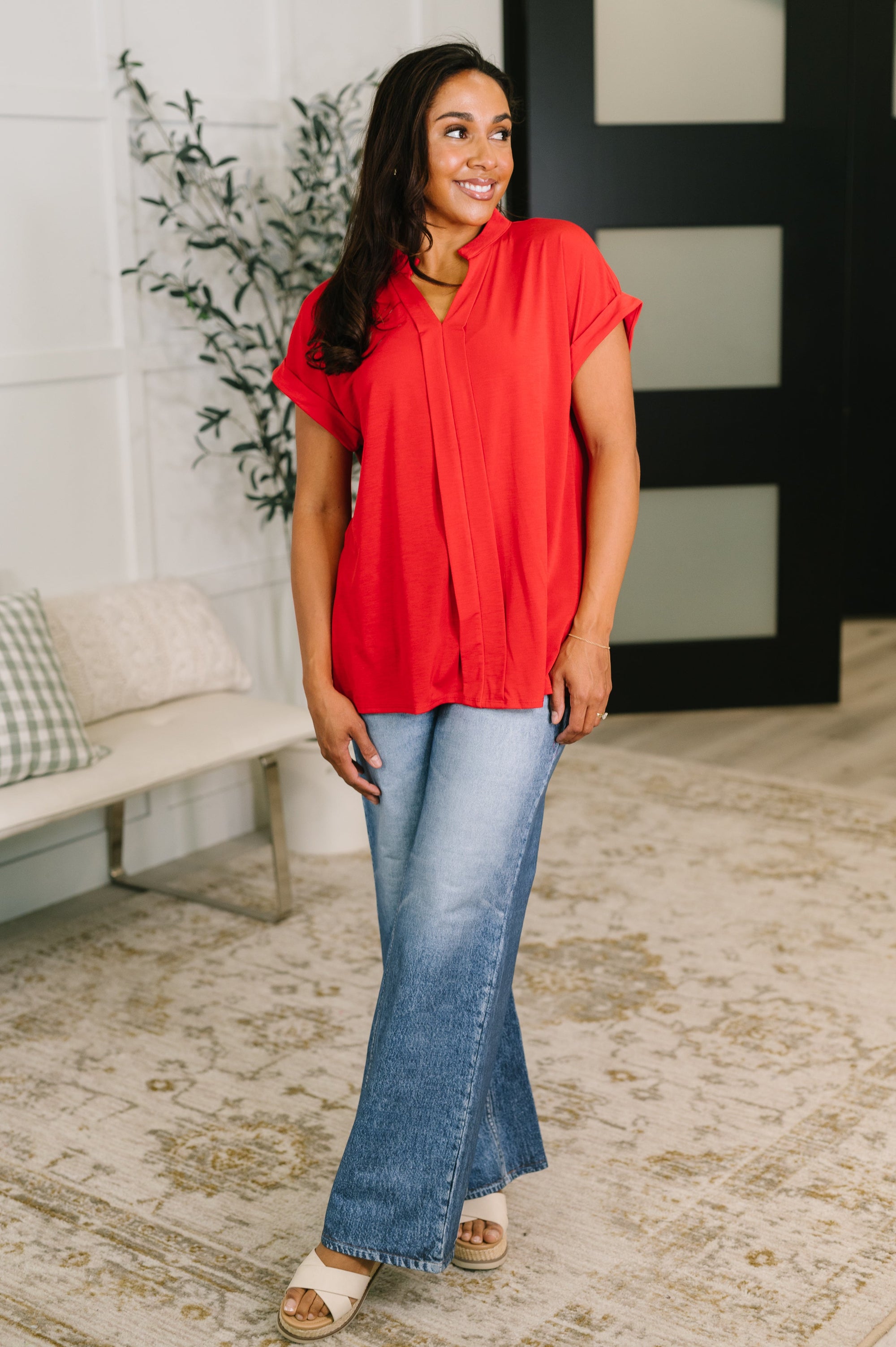 Lizzy Bloom Split Neck Blouse in Red - Simply Bee Boutique