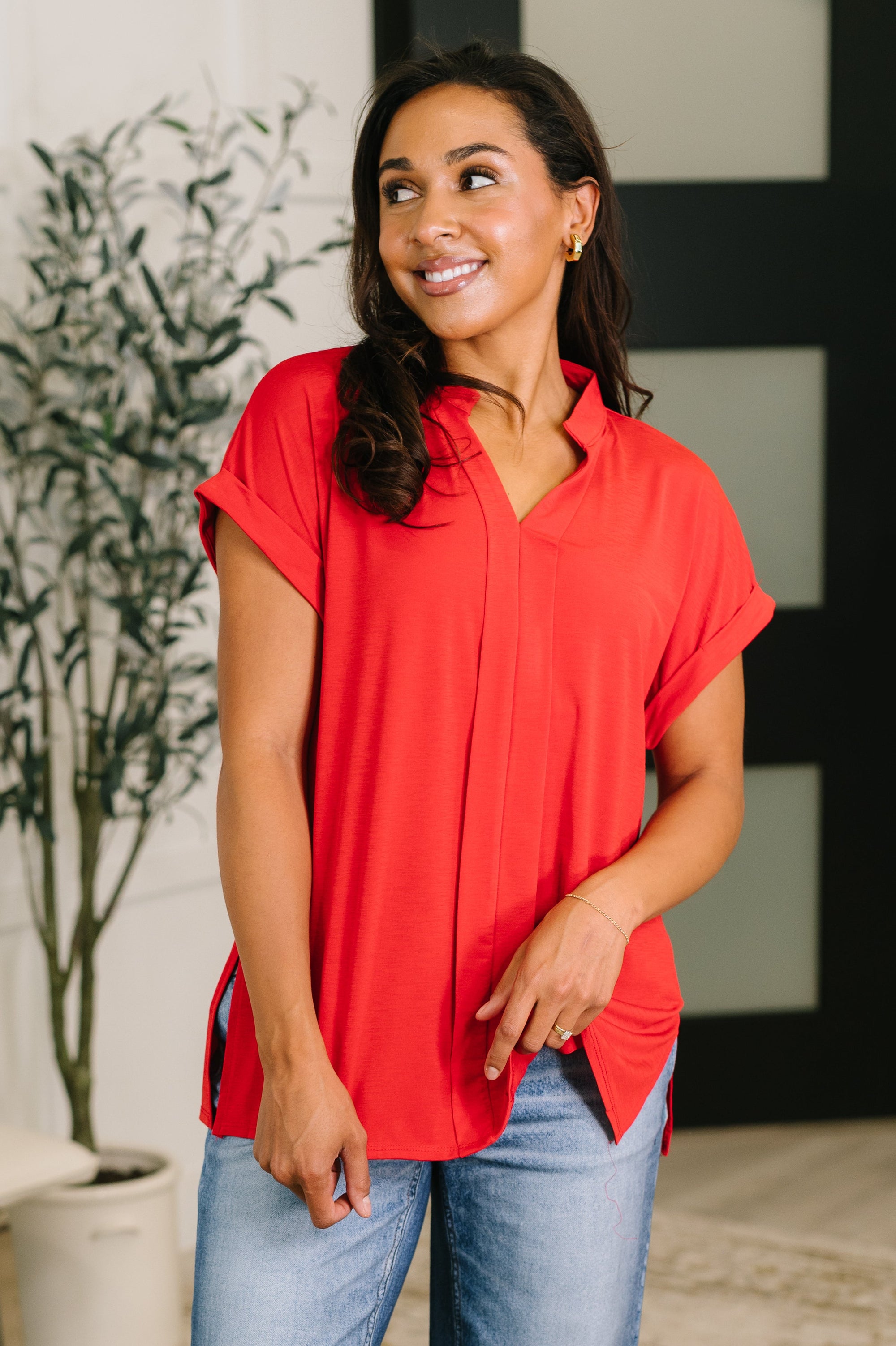 Lizzy Bloom Split Neck Blouse in Red - Simply Bee Boutique