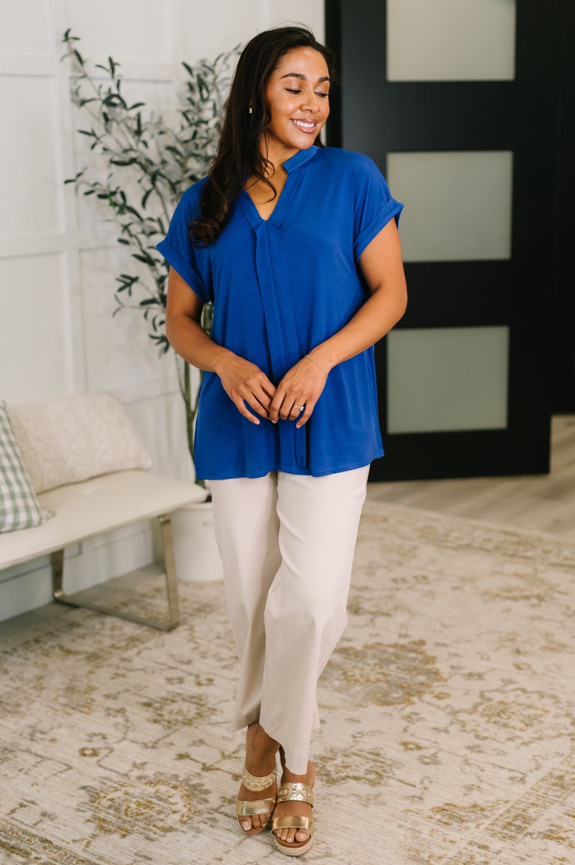 Lizzy Bloom Split Neck Blouse in Royal Blue - Simply Bee Boutique