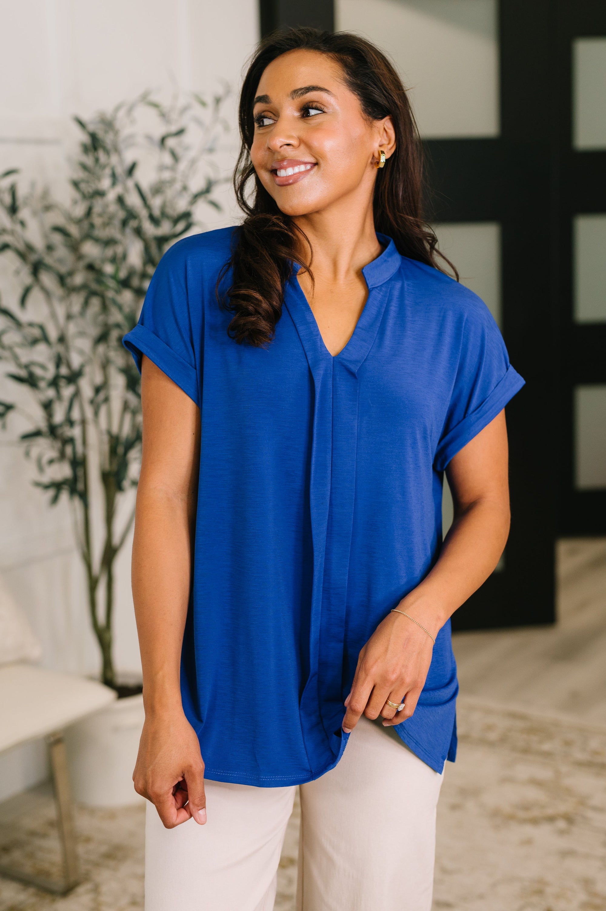 Lizzy Bloom Split Neck Blouse in Royal Blue - Simply Bee Boutique