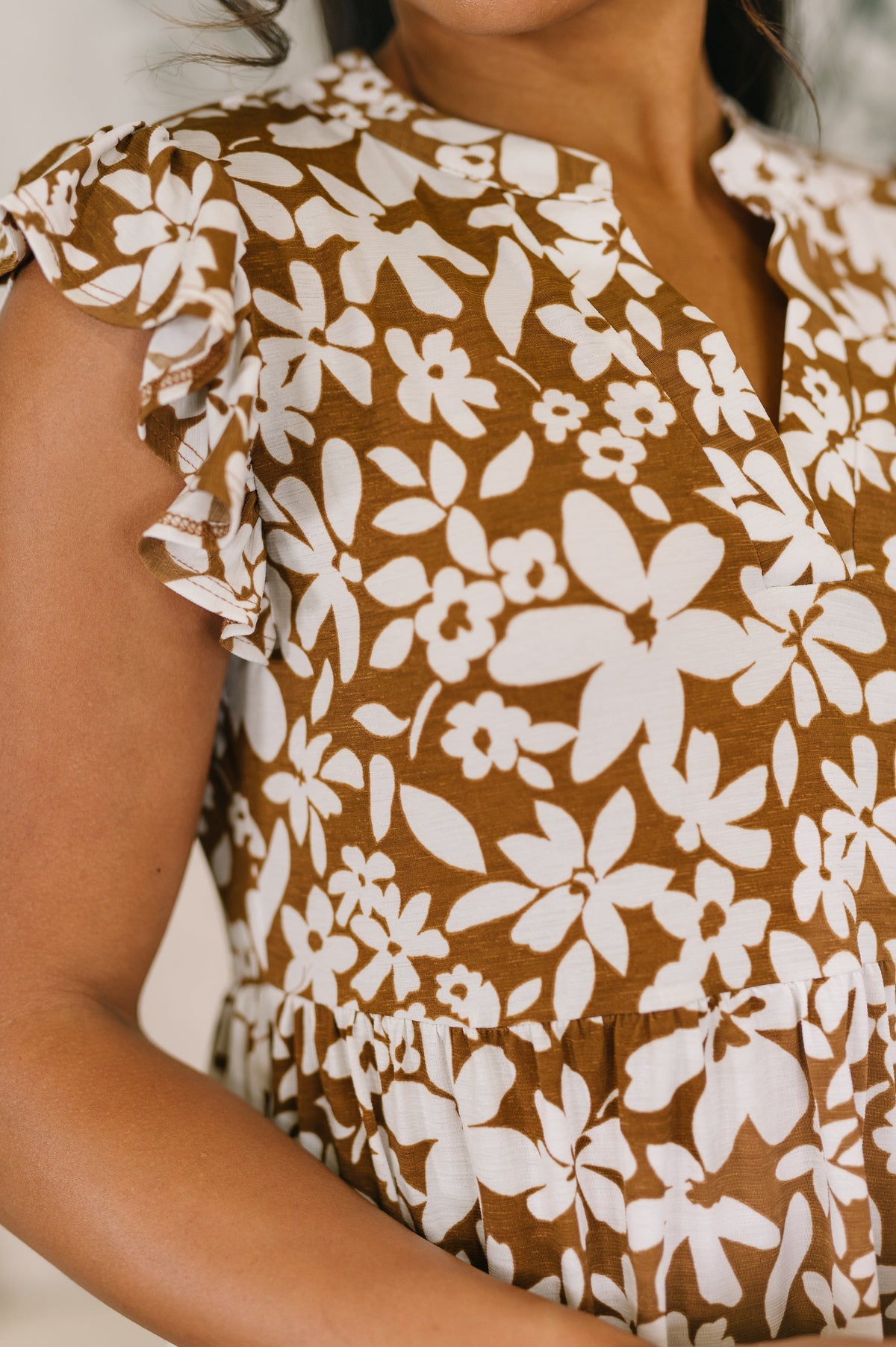 Lizzy Forever Flutter Sleeve Dress in Basic Mocha and White Floral