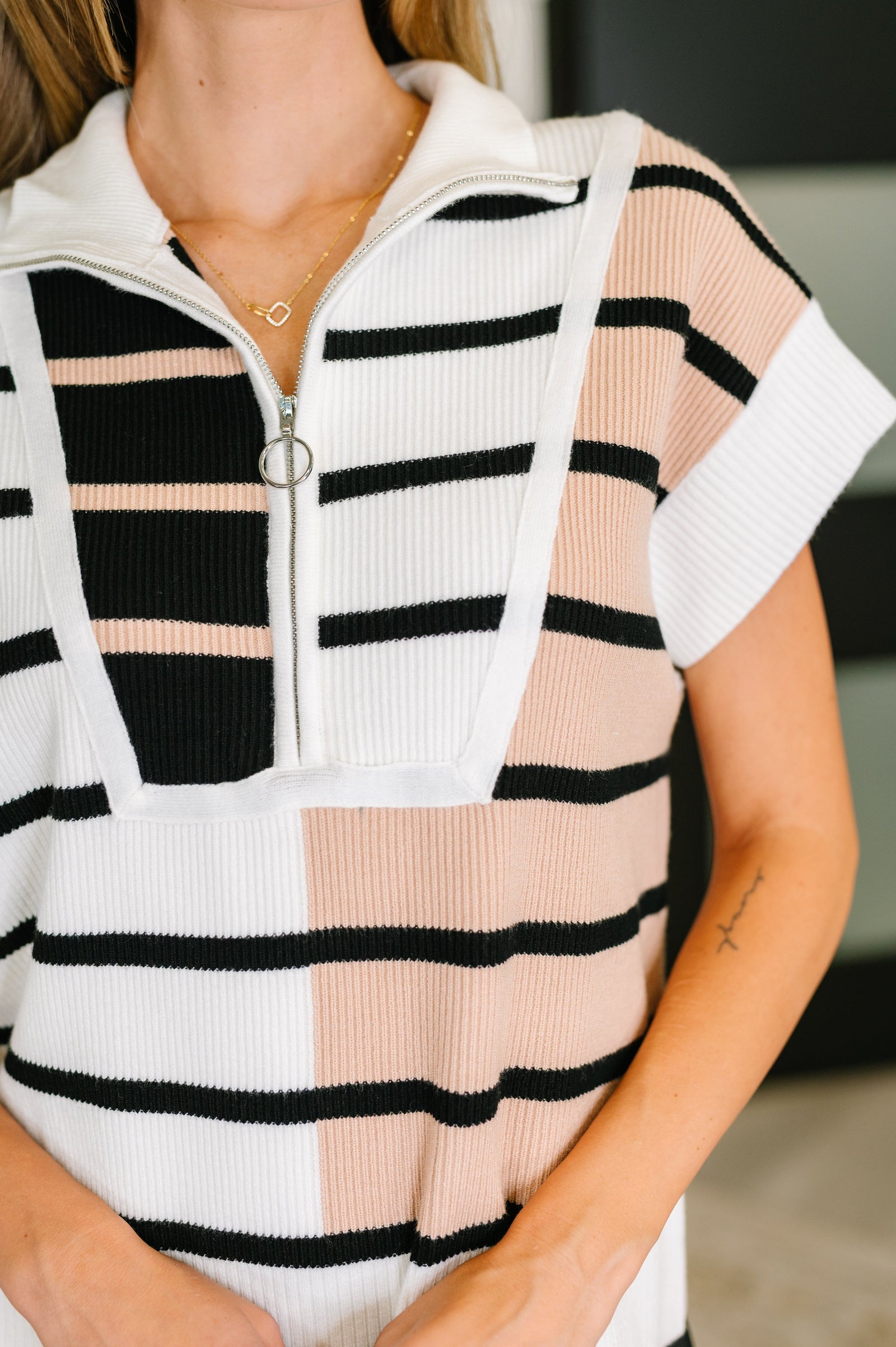 Lonely Traveler Striped Quarter Zip Vest in White