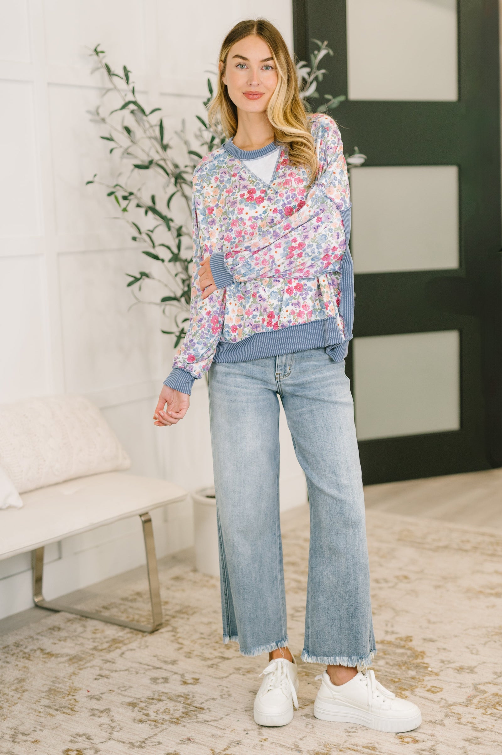 New Opportunities Drop Shoulder Floral Pullover