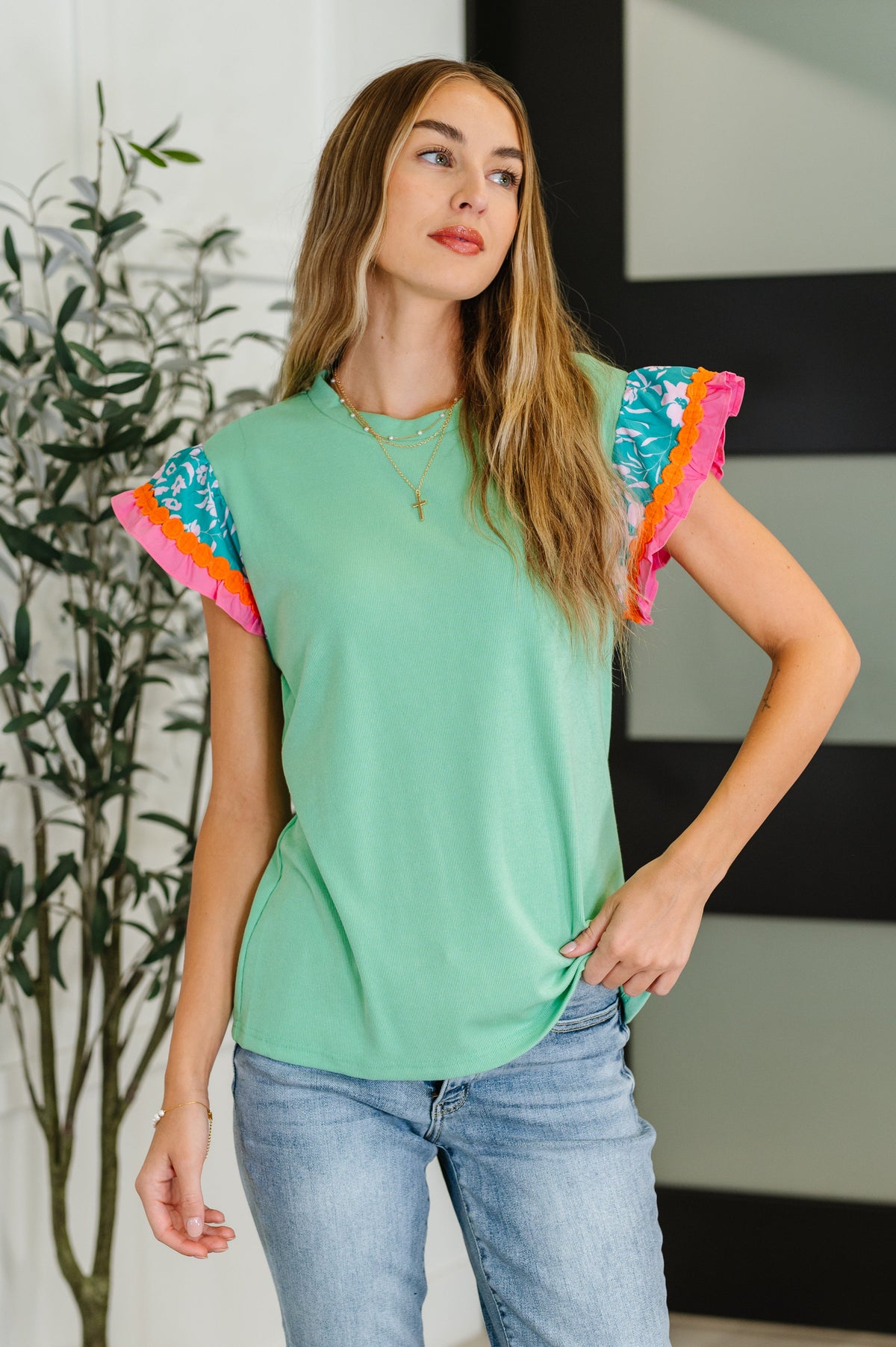 Petals &amp; Poise Floral Flutter Sleeve Top in Green