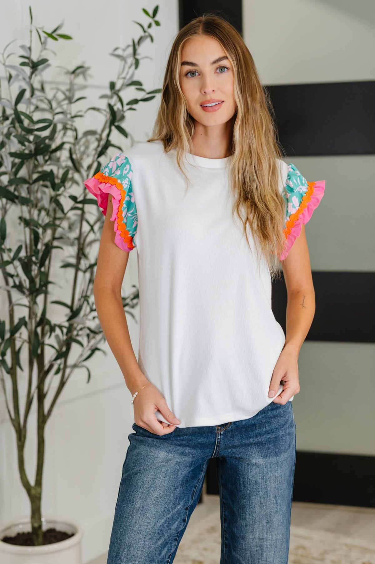 Petals & Poise Floral Flutter Sleeve Top in White